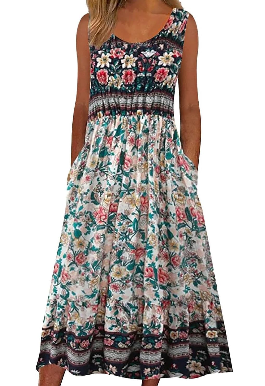 ABYOVRT Vestidos Largos Verano para Mujer Maxi Casual Estampada Retro Vestido de Manga Corta Informal Vestido de Playa con Bolsillos,S-XXL