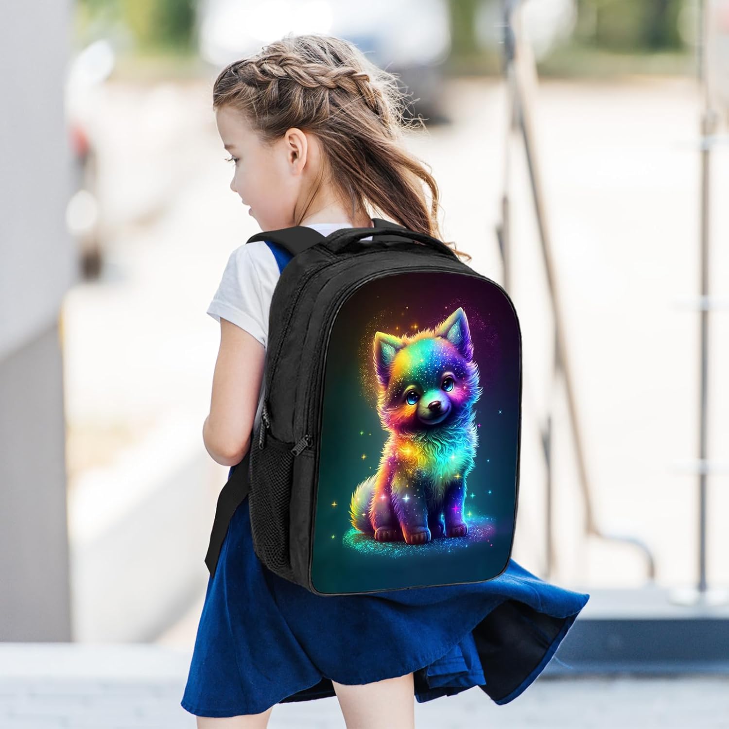 Wolf Backpack for Girls Boys Cute Baby Wolf School Backpack Kawaii Animal Rainbow Colorful Starry Stars Bookbag, 16 Inch Kindergarten Elementary School Backpack for School & Travel - Image 6