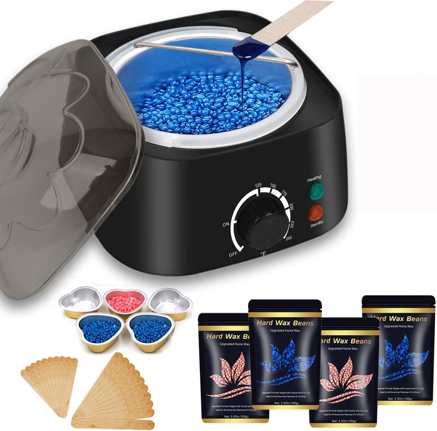 Angju Waxing Kit for Women Men, Wax Warmer Wax Kit for Hair Removal Coarse Hair with Moisturizing Aloe Formulas Hard Stripless Wax Beads, Relaxing Brazilian Wax Kit for Bikini, Legs, Face, Underarm