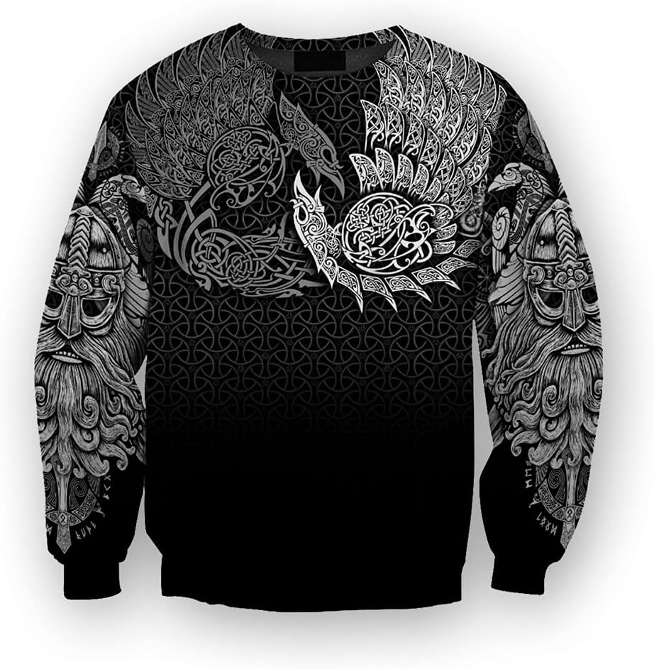 Nordic Odin Raven Sweater 3D Print Casual Loose Zip Sweatshirt Long Sleeve Men's Fall Big Pocket Baseball Uniform