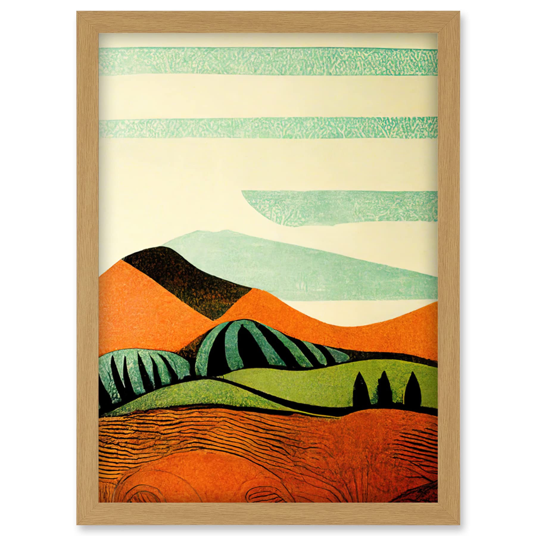 Doppelganger33 LTD Abstract Eclectic Tangerine And Olive Countryside Linocut Illustration Artwork Framed Wall Art Print A4
