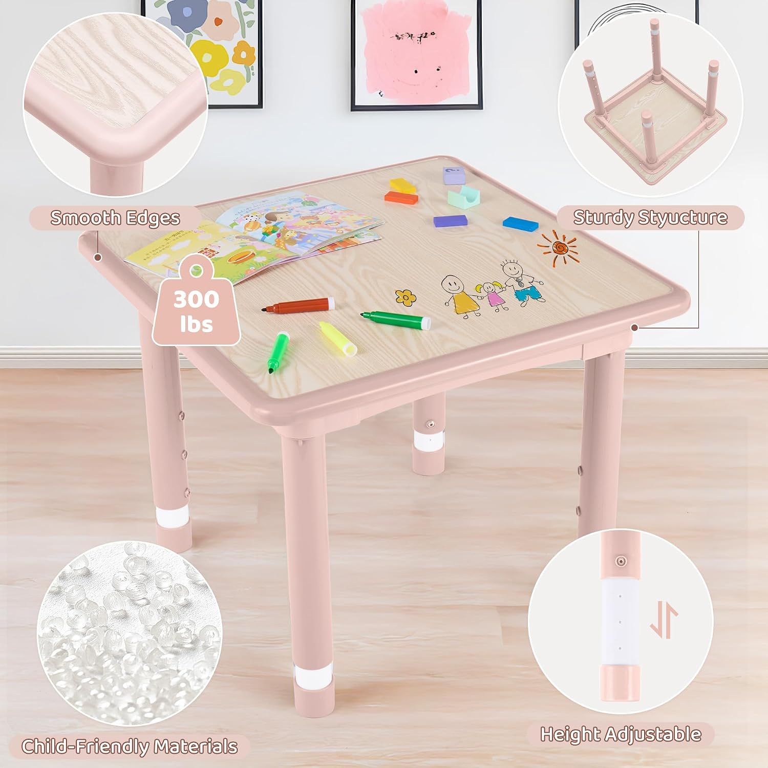 DOREROOM Kids Table and 2 Chairs Set, Height Adjustable (17.7"-26.1") Toddler Table and Chair Set, Multi-Activity Table with Graffiti Desktop, Children’s Table and Chairs for Classroom, Home & Daycare