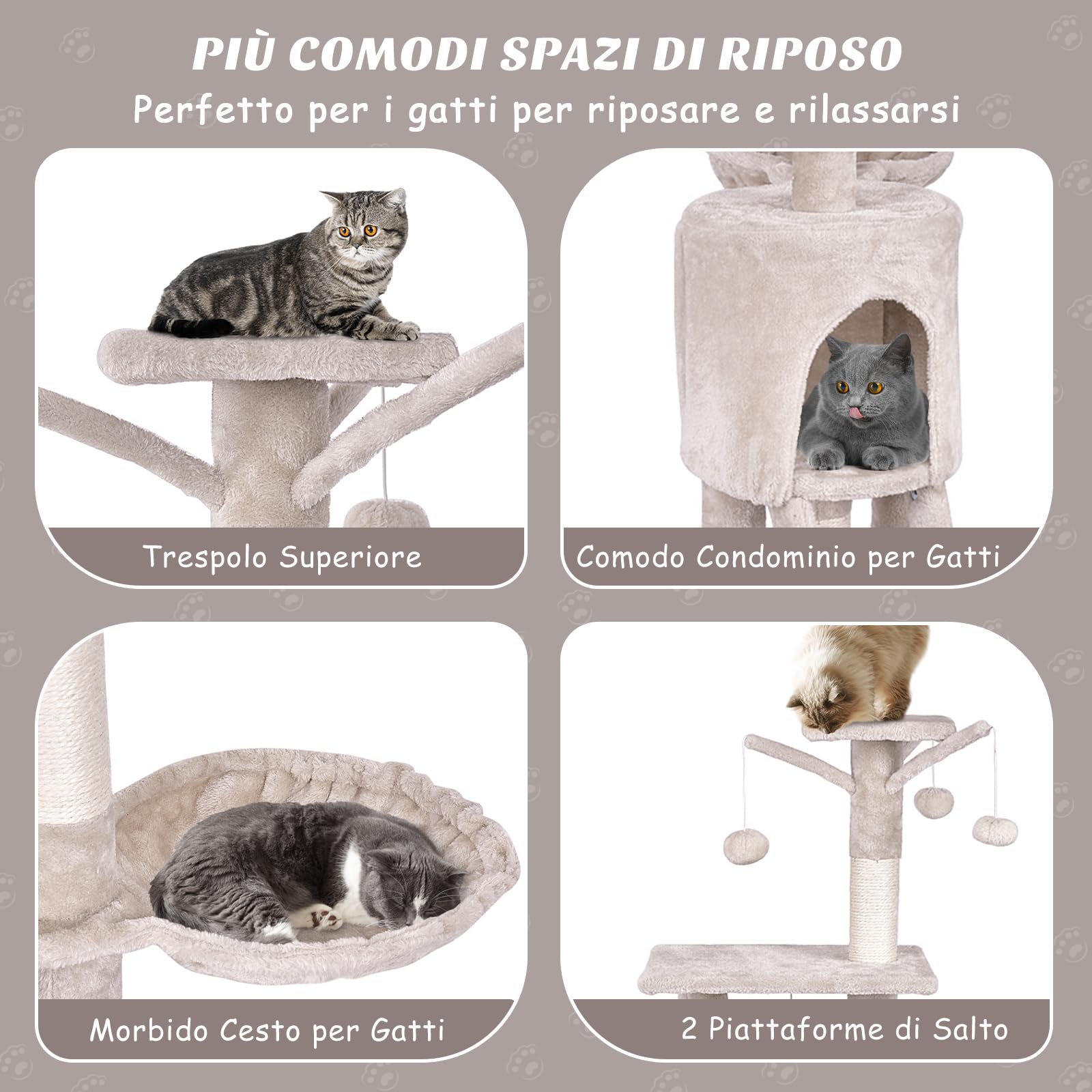 COSTWAY Tiragraffi per Gatti Alto 140 cm, Albero Tiragraffi Gatto con Tiragraffi in Sisal, Cesto, Piattaforma, Scala e Palline Pendenti, Torre Multi-Livello per Gatti da Interno