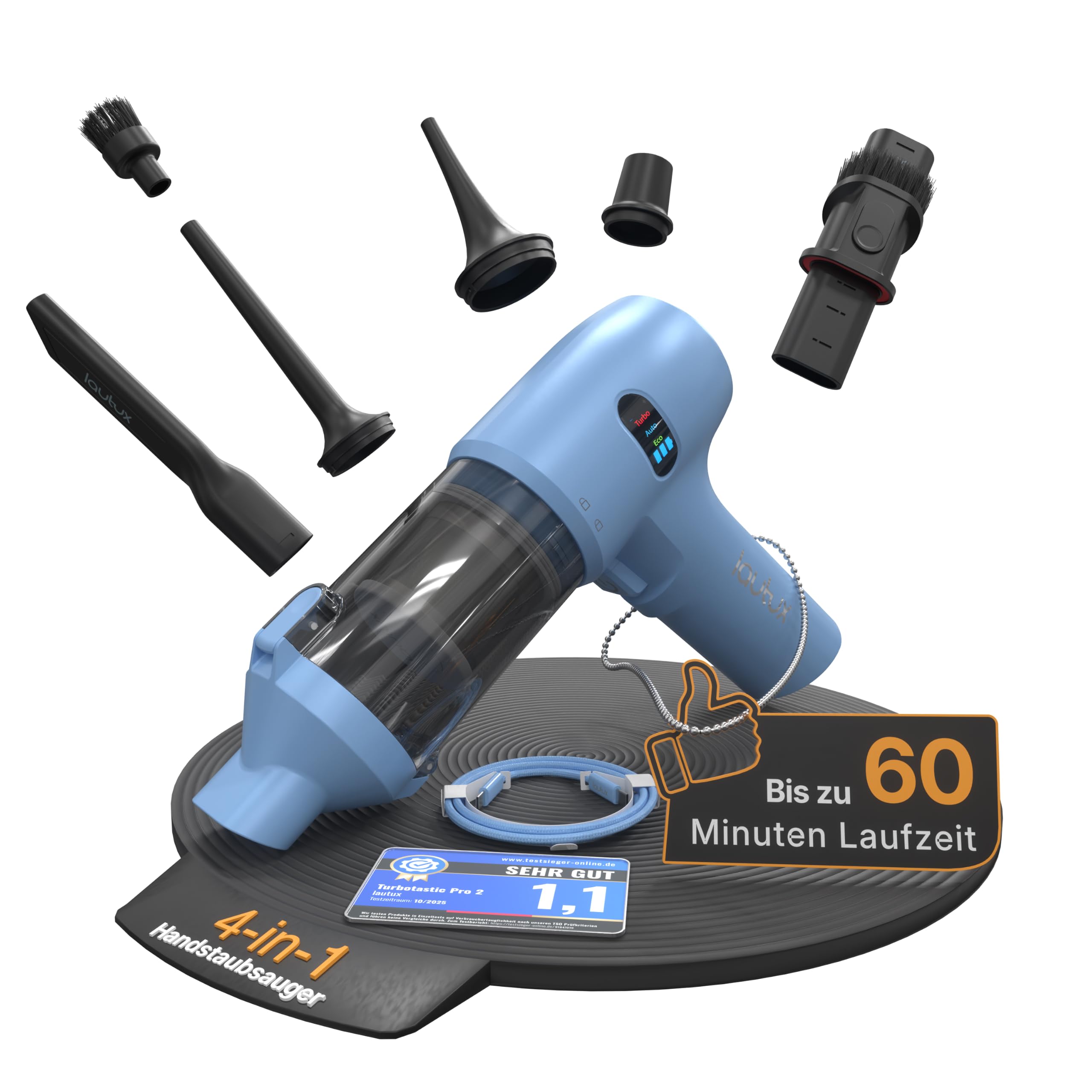 lautux Turbotastic Pro 2 Akku Handstaubsauger kabellos 20.000 Pa | Beutelloser 4-in-1 Akkustaubsauger mit Druckluft & HEPA-Filter, bis 60 Min, USB-C, nur 500 g