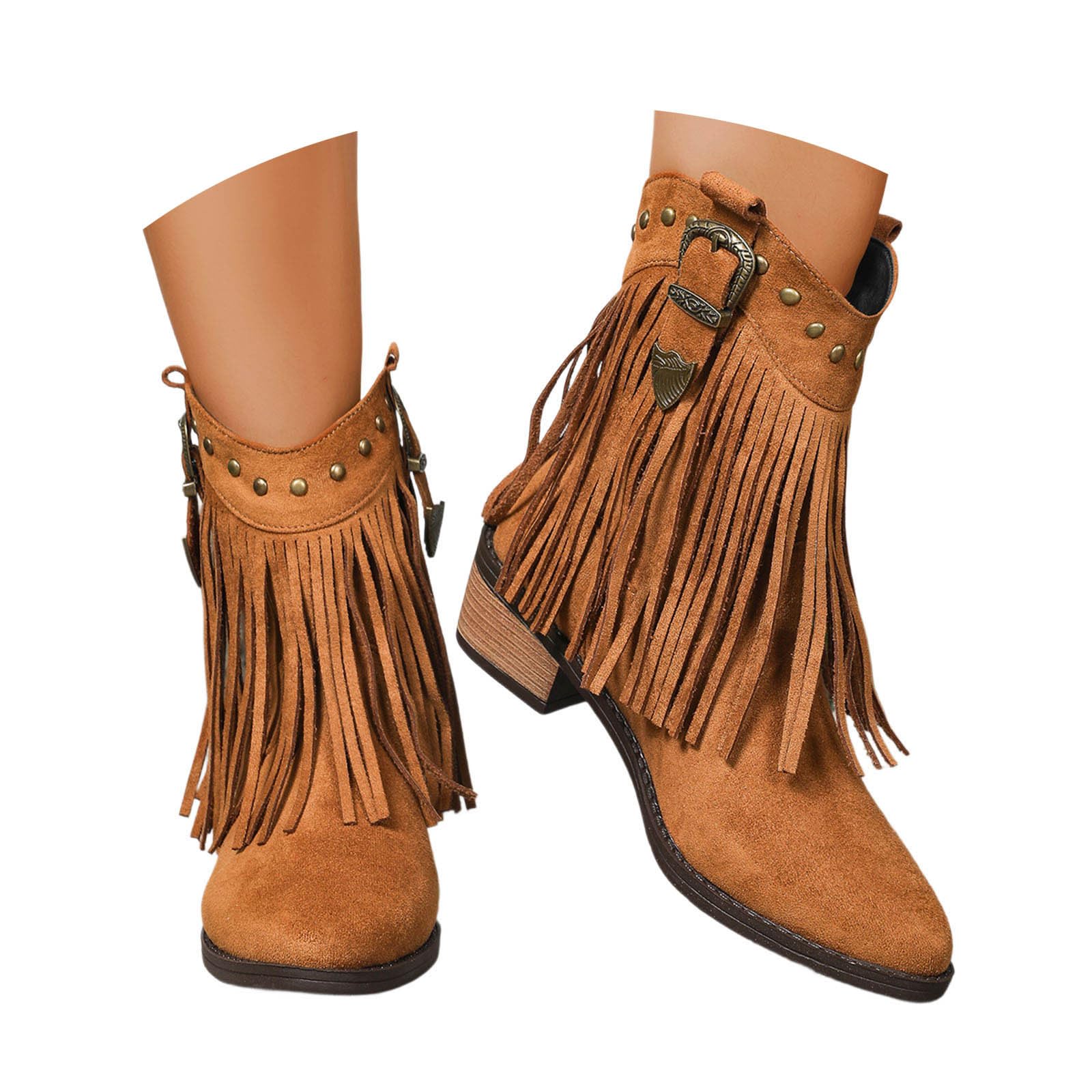 Damen Wildleder Cowboystiefel mit Fransen Blockabsatz Cowgirl Stiefeletten Faschingskostüme Damen Camperos Stiefel Leder Stiefeletten Western-Party Karneval Kostüm