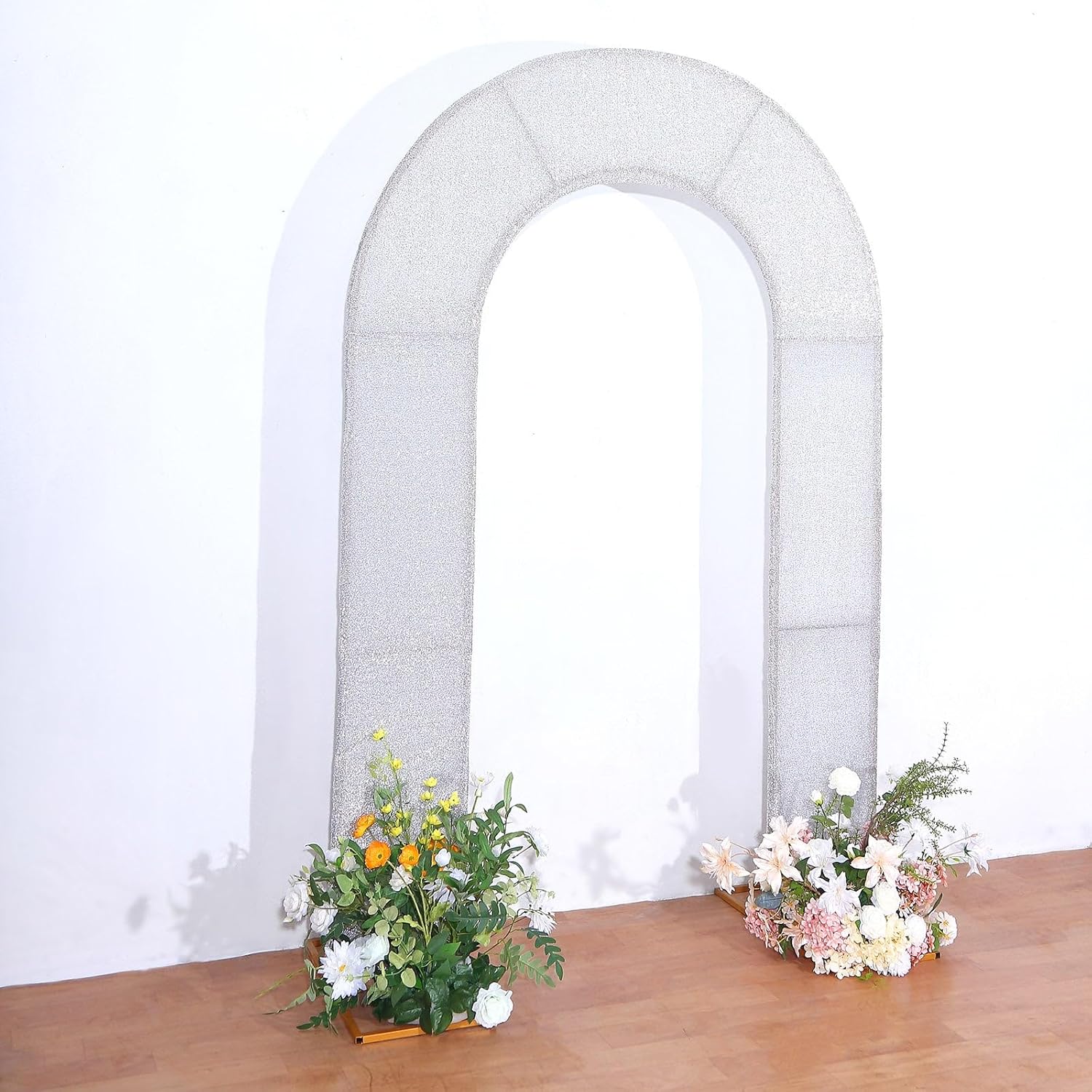 Tableclothsfactory 8ft Silver Shimmer Tinsel Spandex Fitted Open Arch Backdrop Cover, Double-Sided U-Shaped Wedding Arch Slipcover