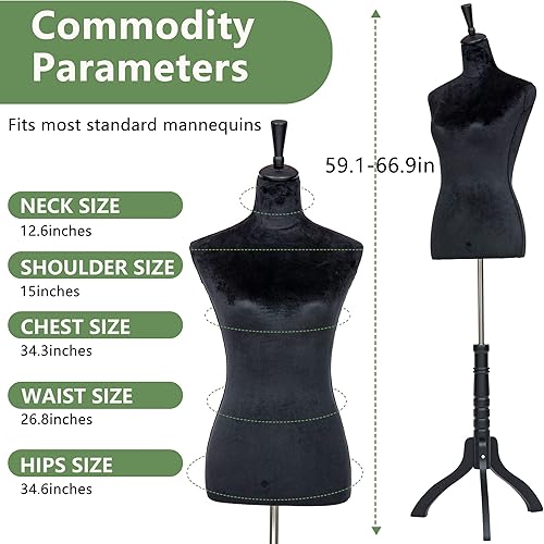Miniatura 7 de Maniquí, forma de vestido, maniquí de costura femenina, torso con soporte ajustable de 59 a 67 pulgadas, cuerpo de maniquí ajustable para mostrador