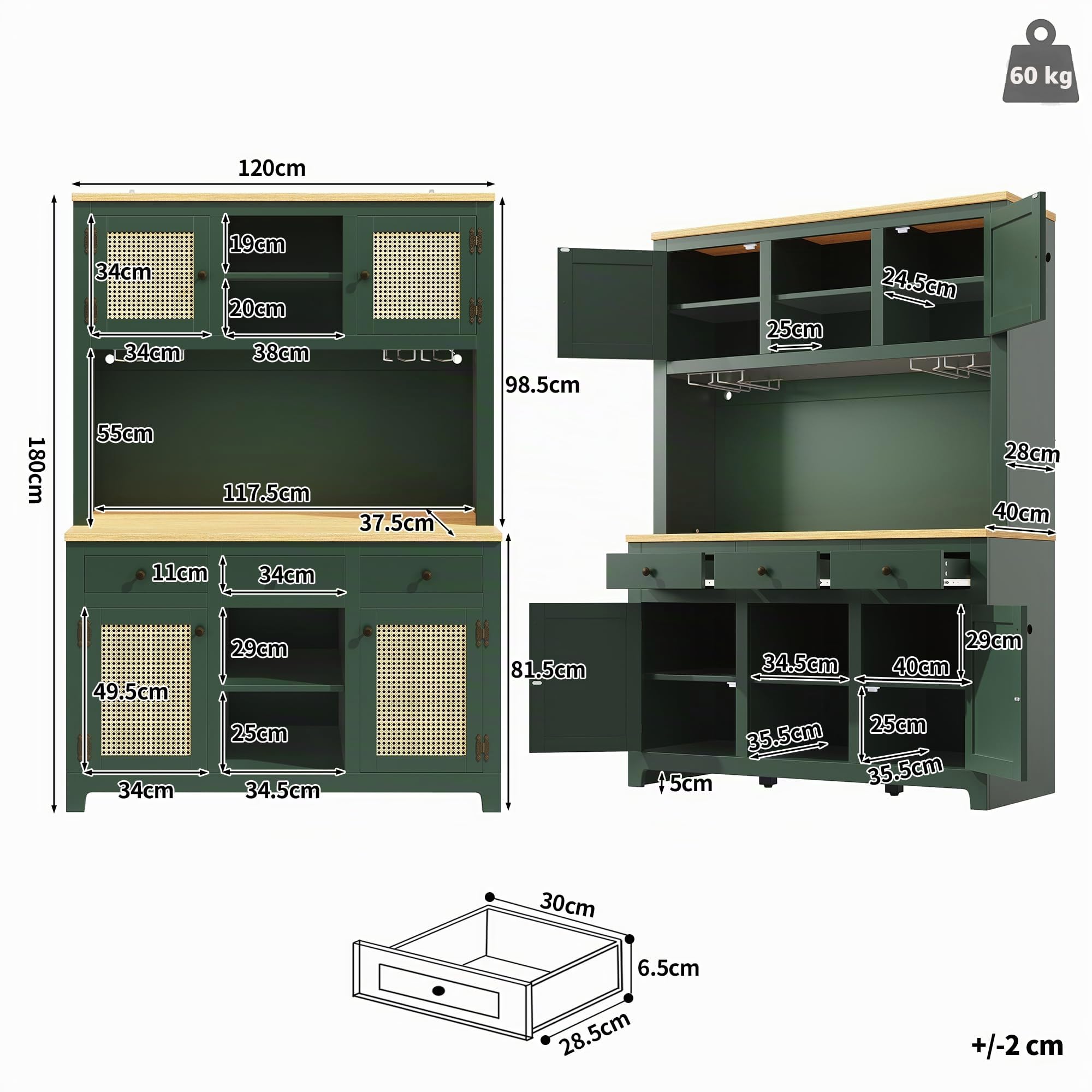 Merax Küchenschrank 180cm hoch mit LED, Hochschrank Sideboard für Küche mit Arbeitsplatte, Buffetschrank mit Verstellbare Einlegeböden & 4 Rattantüren & 3 Schubladen & Weinglasregal, Kippschutz, Grün