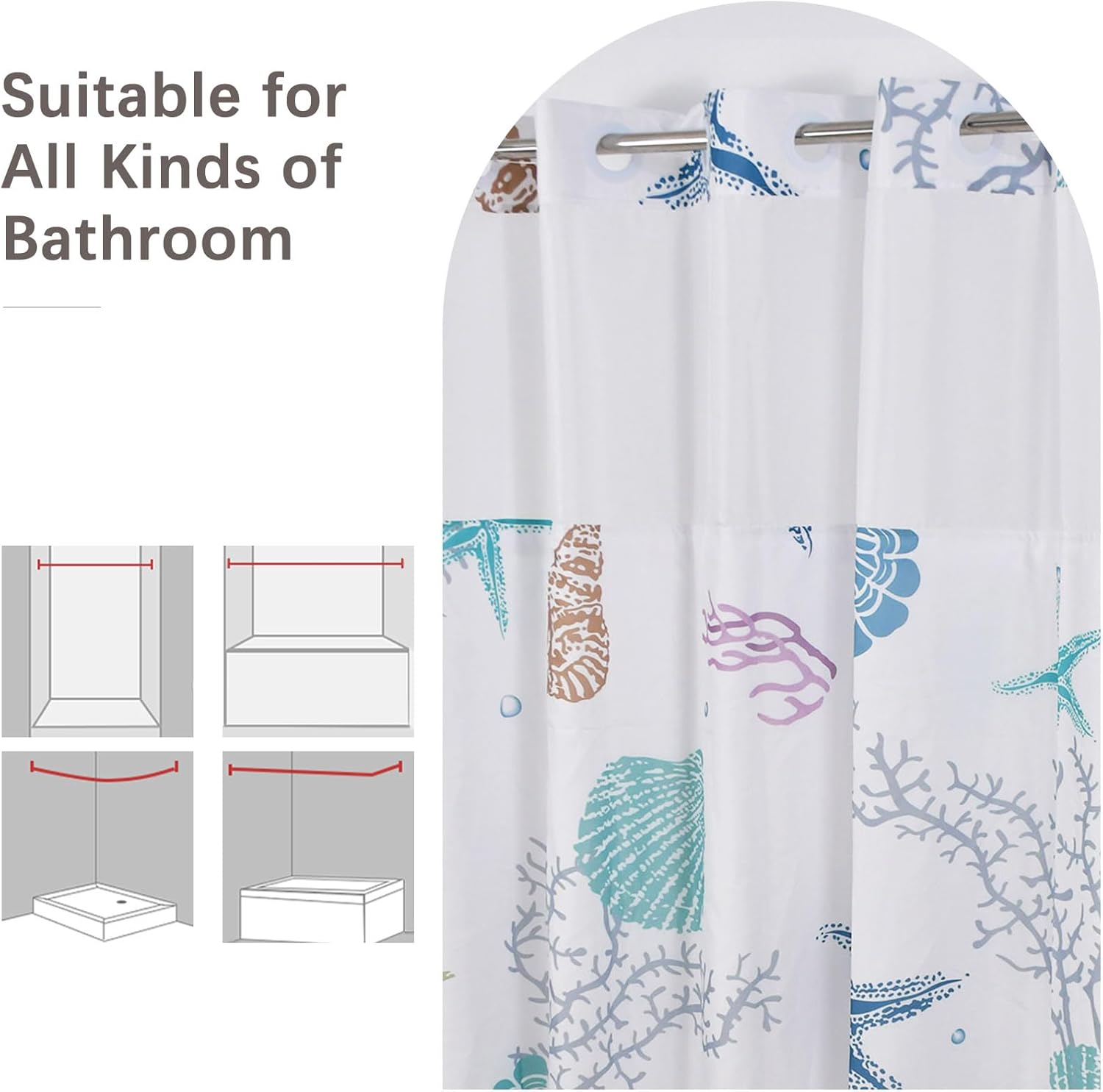 No Hook Shower Curtain,Ocean Theme Double-Layered Shower Curtain with Snap-in Liner and Weights,Starfish Coral Nautical Coastal Fabric Bath Curtain with See Through Mesh, 71x74in