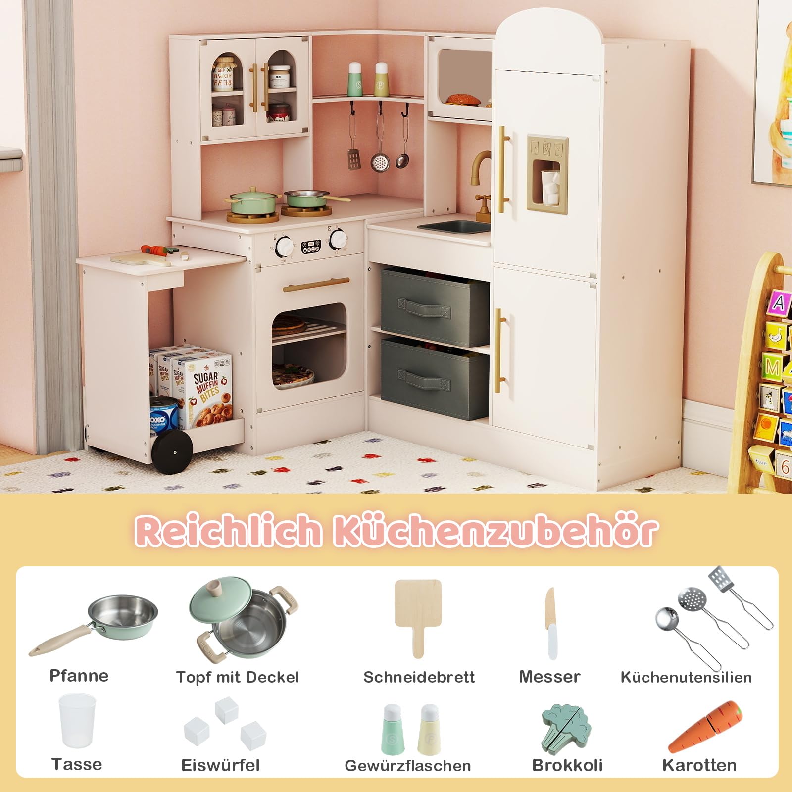 GOPLUS Kinderküche, Spielküche Holz mit Licht & Sound, Eck Puppenküche mit ausziehbarem Wagen, Stoffkörben, Spüle, Herd, Kühlschrank, Ofen & Zubehör, Spielzeugküche für Kinder ab 3 Jahren (Rosa)