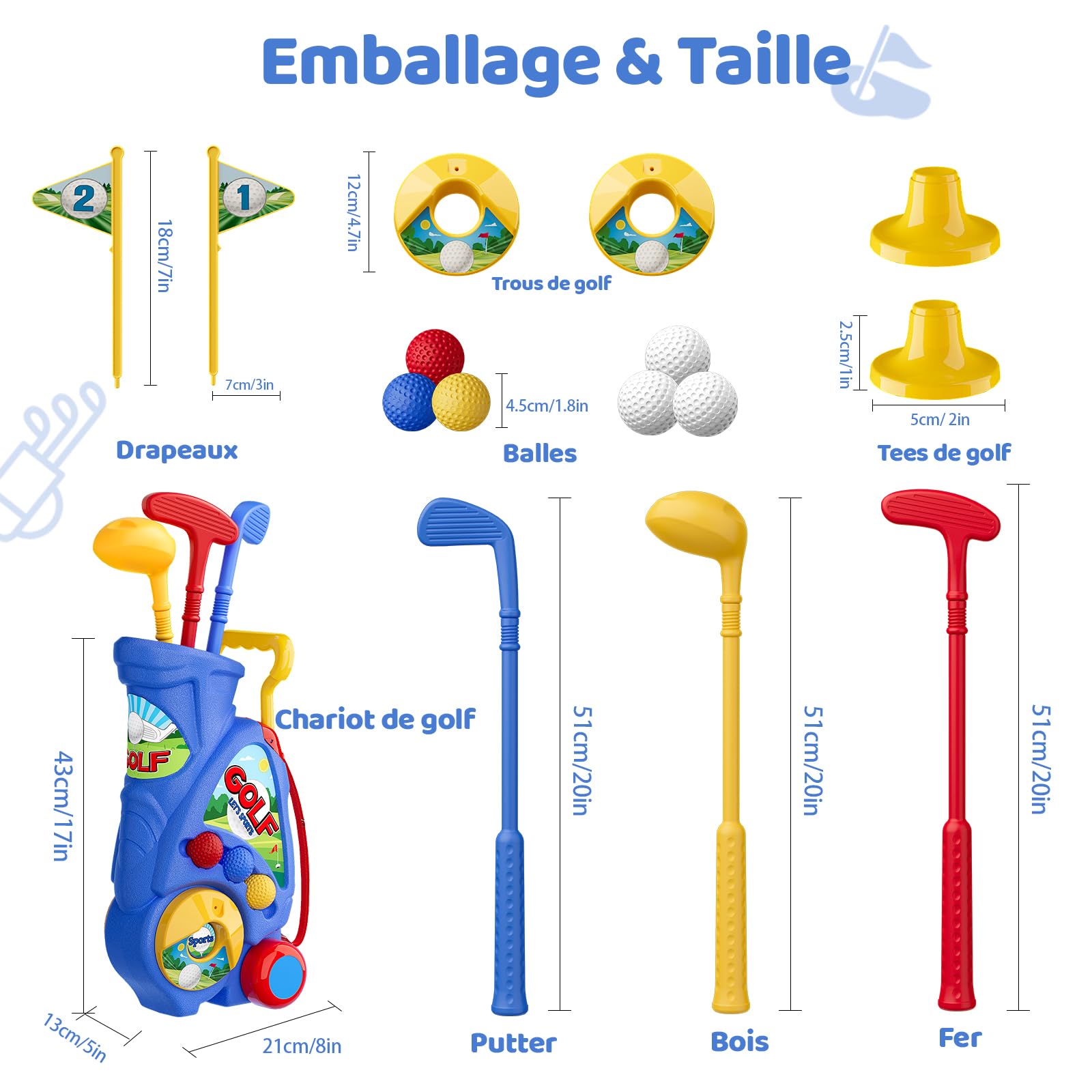 Naxudcoo Jouet Enfant 2 3 4 Ans Garçons: Jouet Golf Chariot de Golf Amélioré avec Sangle d'Épaule, Jeu de Golf pour Intérieur et Extérieur, Idéal Cadeau d'anniversaire, Noël pour Tout-Petits (Bleu)