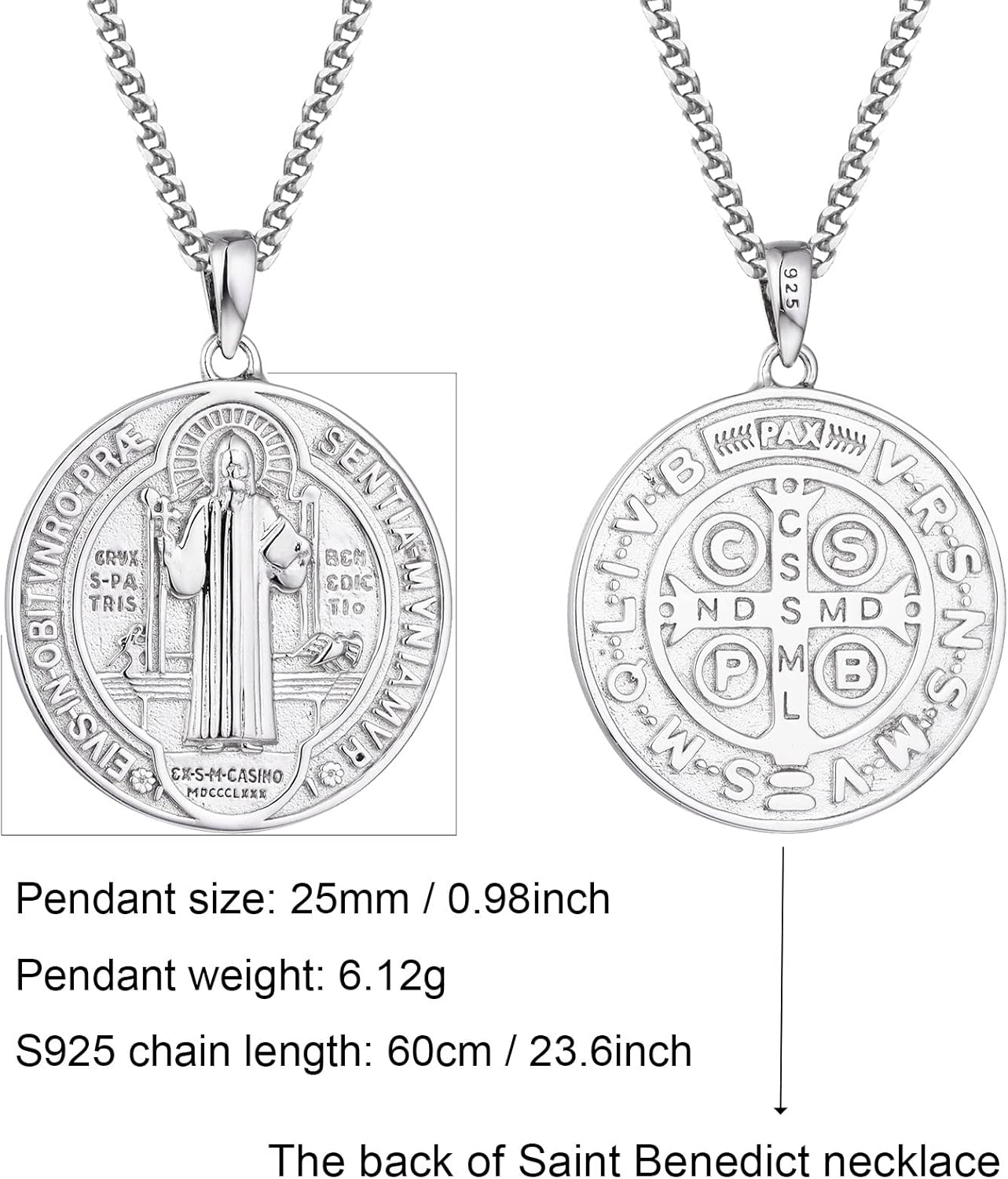Saint Benedict Medal Necklace 925 Sterling Silver, Catholic st Benedict Jewelry Gift for Men Women - Image 2