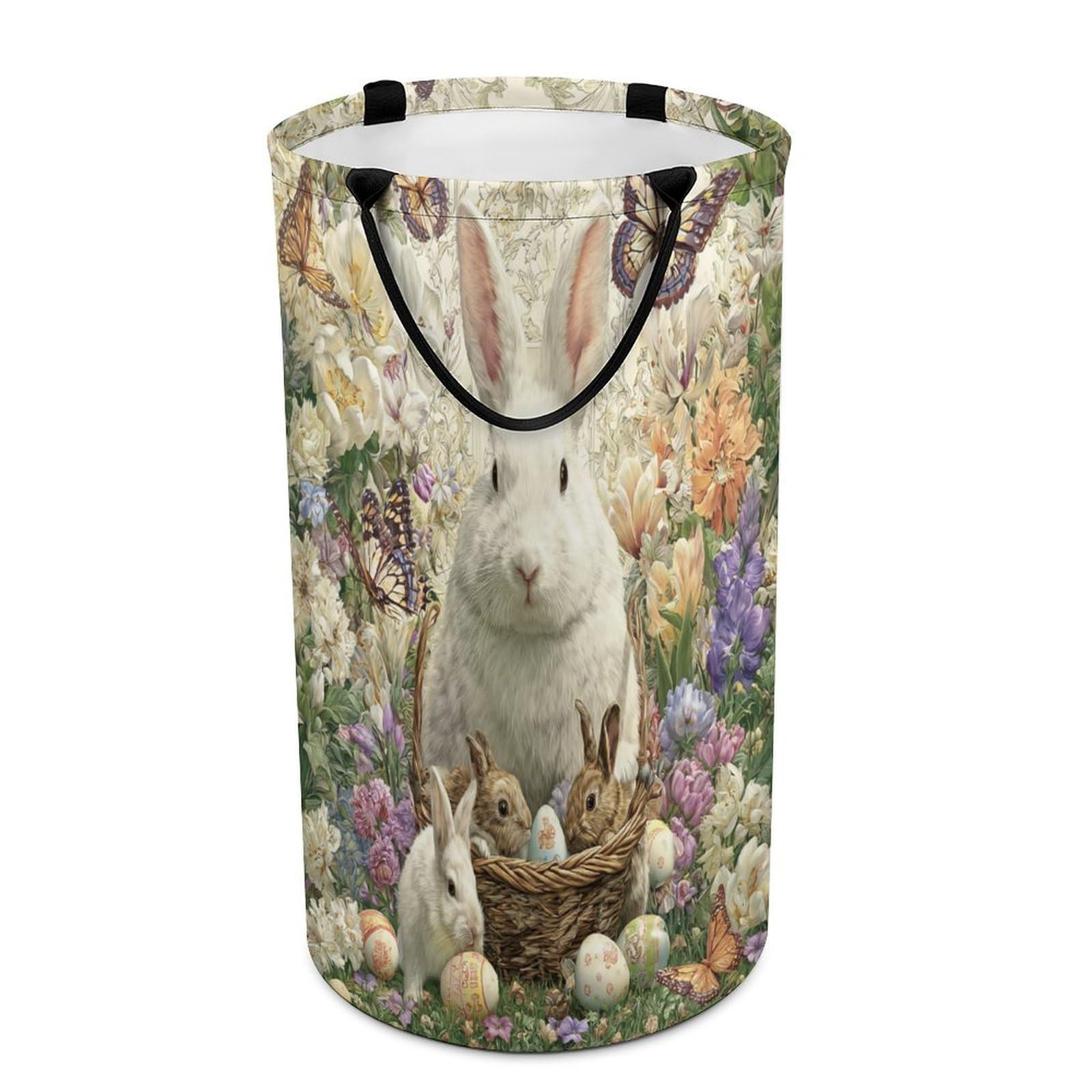 LUYYSKY Modern Cute Easter Rabbits Collapsible Dirty Clothes Basket, Vintage Realistic Colorful Eggs Animals Bunny Butterflies Floral Portable Clothes Storage Basket