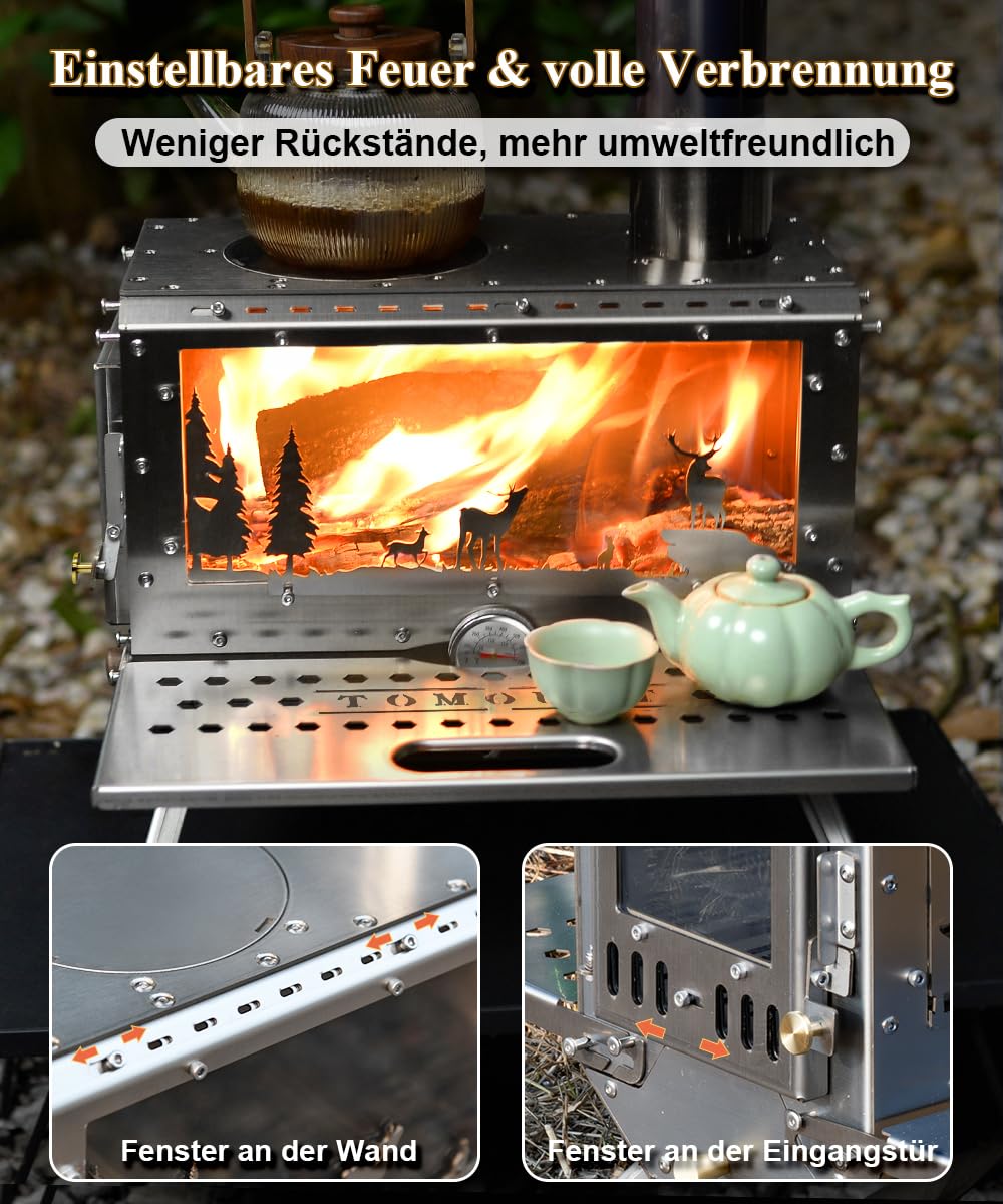 TOMOUNT Zeltofen Tragbar Edelstahl Campingherde Holzofen mit Schornstein, Holzkocher für Zelte, Unterkünfte und Camping