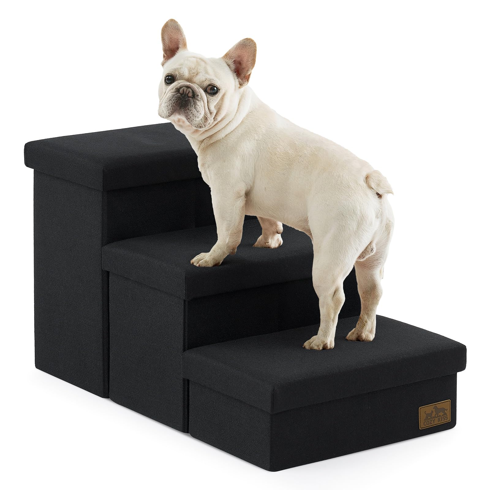 COZY KISS Dog Stair for Small Dogs with Storage, Foldable Pet Step with Leakproof Cover, Older Cat Ramp for Chair Couch Sofa, Lightweight, Comfort (Black, 28.5x17x16.7 inch, 3) — image 1