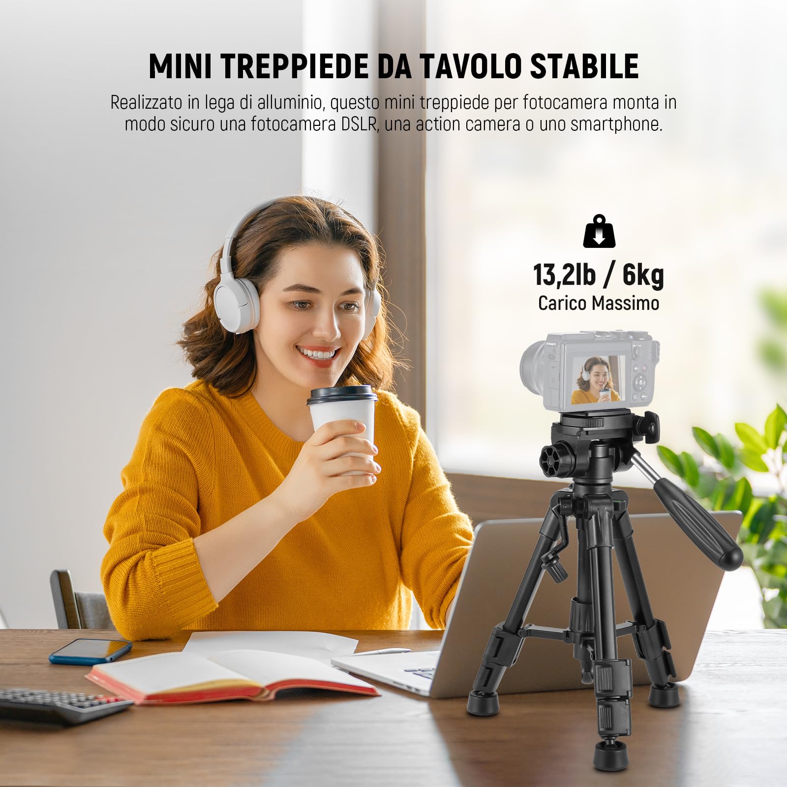 NEEWER Mini Treppiede da Tavolo di Base per Fotocamera e iPhone con Testa a 3 Vie Pan Tilt, Maniglia e Telecomando, Treppiede Portatile con Piastra da 1/4" per DSLR Videocamera, Max 4.4lb/2kg, TP02
