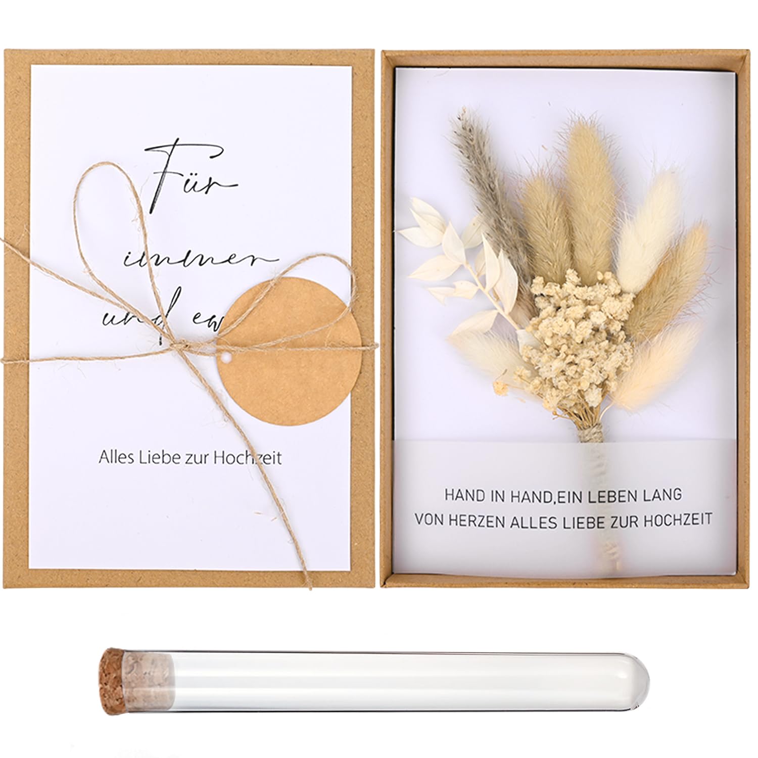 Wedding Money Gift Set with Dried Flowers, Greeting Card, Plastic Test Tube, Kraft Paper Gift Box, Ribbon Packaging for Bride and Groom(Style 1)