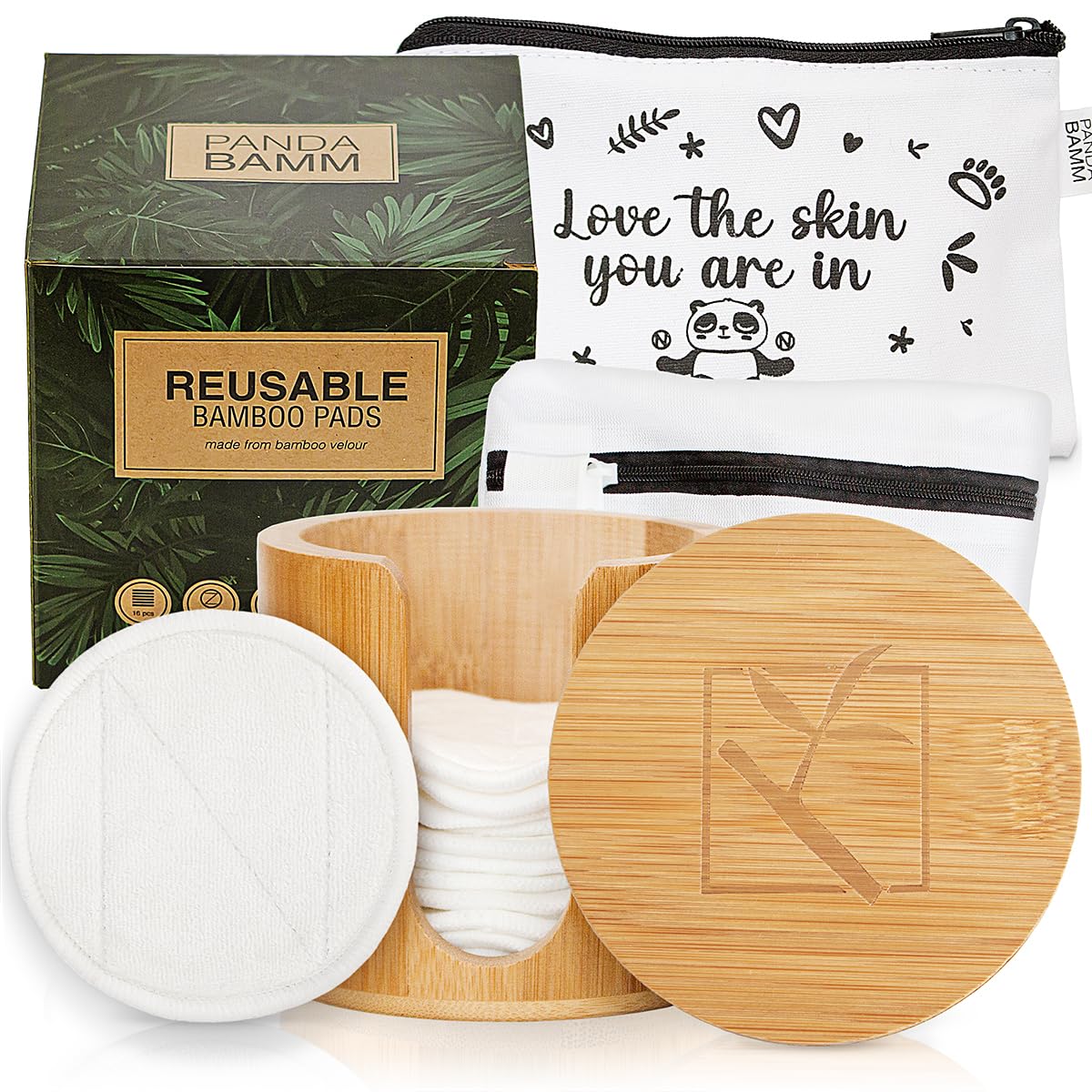 Panda Bamm- Reusable Makeup Remover Pads Multi-pack, 16 pcs - Zero Waste Reusable Cotton Rounds, Bamboo Storage Jar for Reusable Cotton Pads, Eco Friendly Travel Bag, Laundry Bag