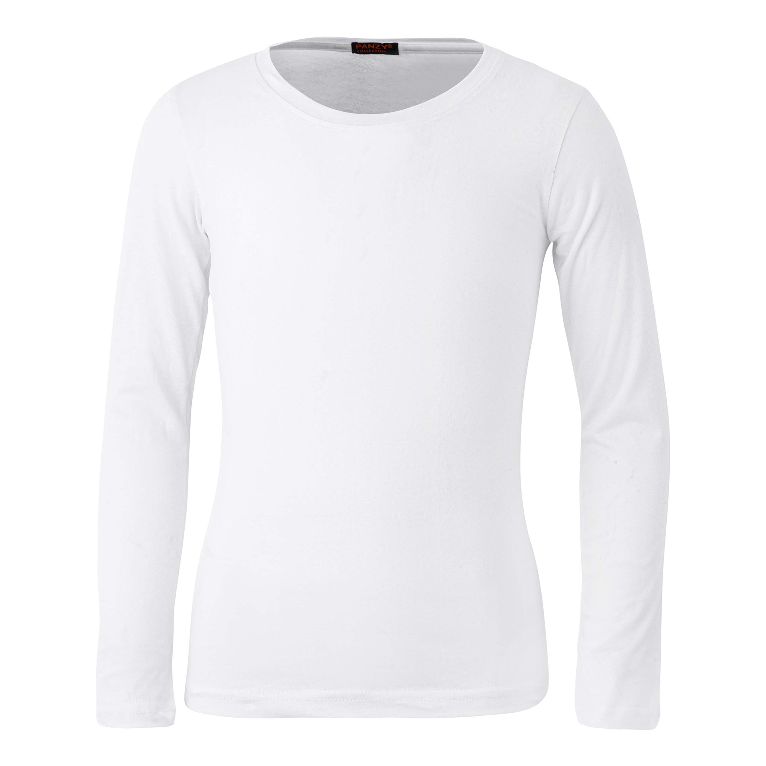 Panzy Girls White Panzy® Long Sleeve Plain Basic Cotton (95%) Top Kids T-Shirt Tops Crew Uniform Tee (13 Yrs, )