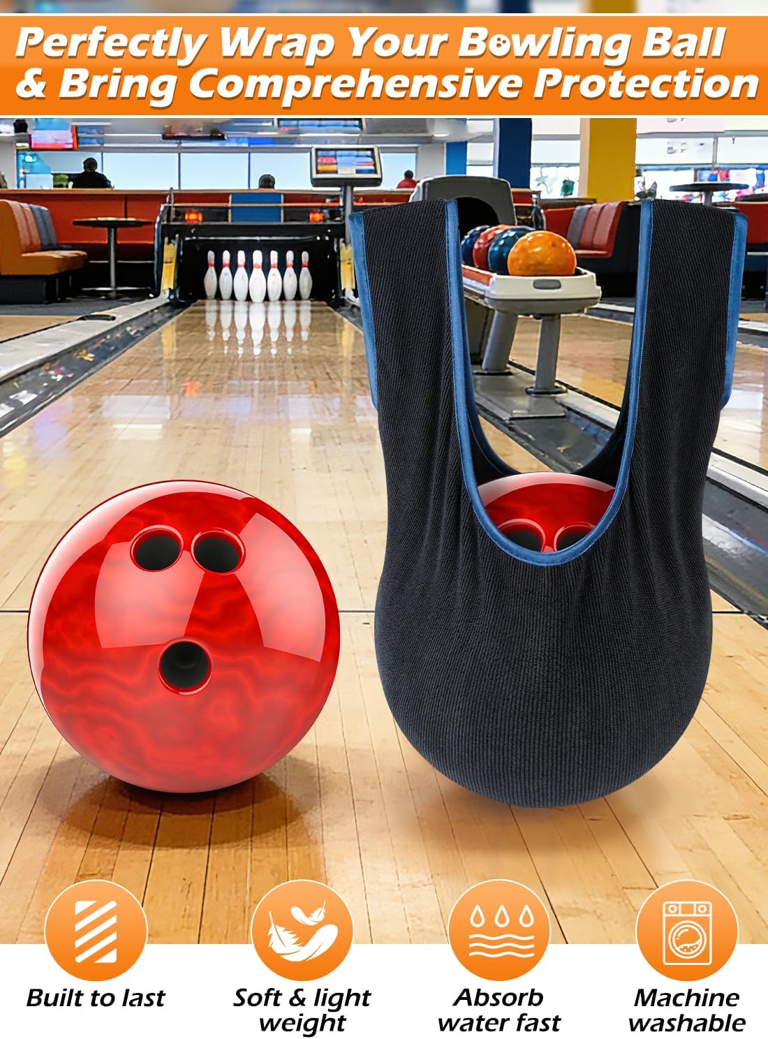 3-Pack Microfiber Bowling Ball Towel and 1-Pack Bowling Ball Polisher, 10 Inches x 8 Inches Bowling Ball Shammy Pad with Easy-Grip Dots, Ball Cleaner Holder Bag, Bowling Accessories Kit