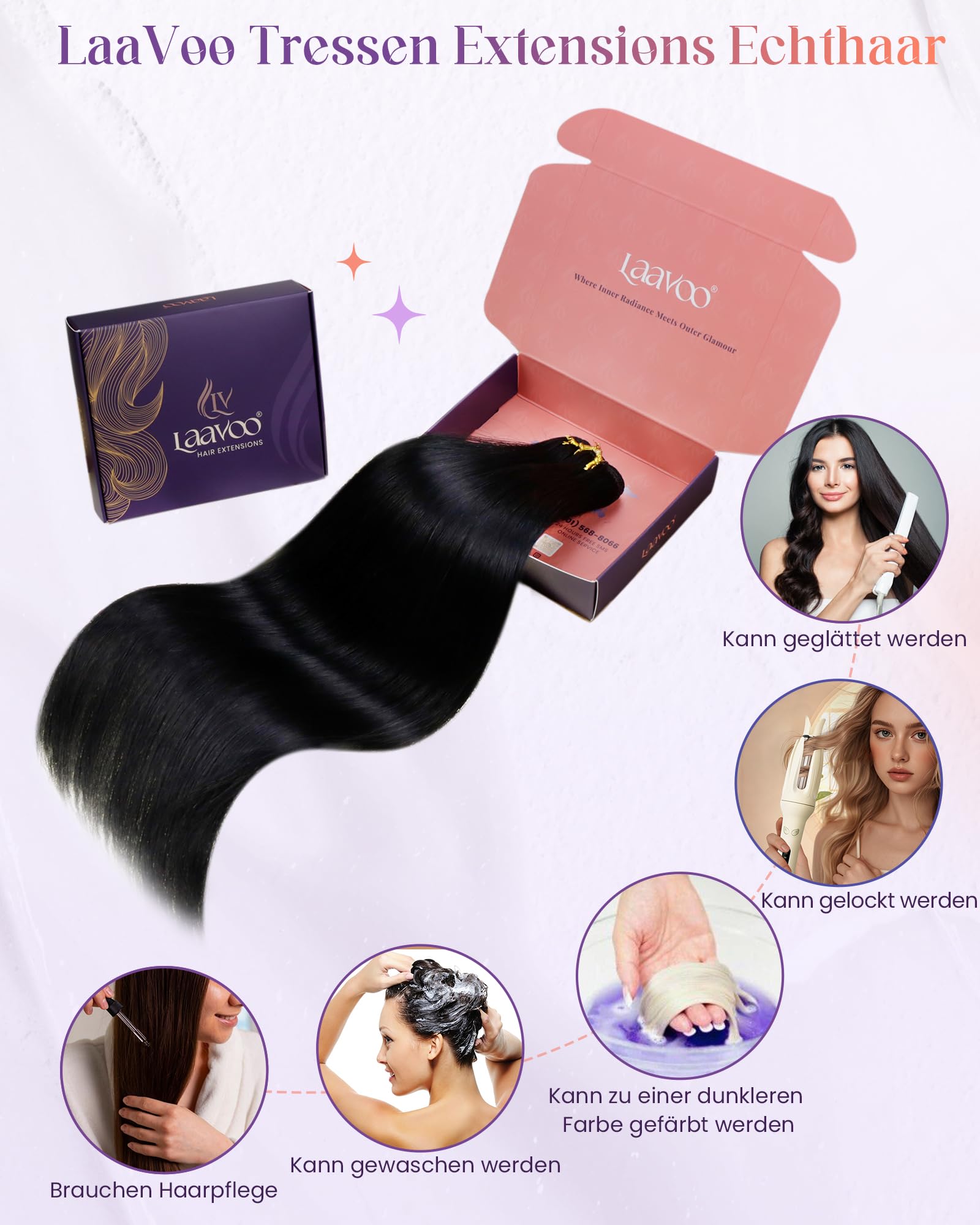 LaaVoo 60cm Echthaar Tressen zum Einnähen Schwarz #1 Remy Menschliches Haar 120g Glatt Extensions