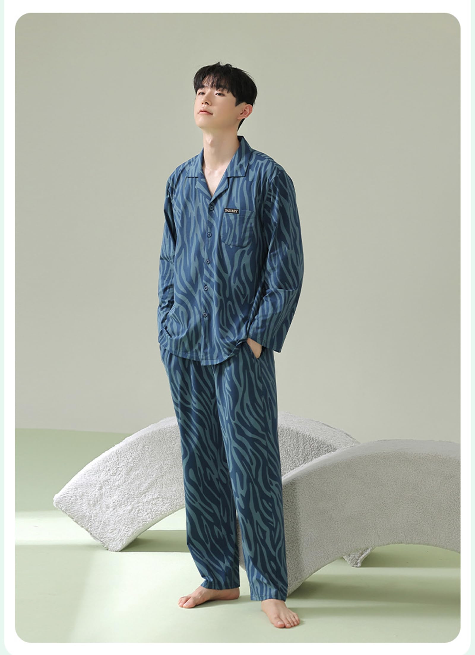 Pigiama Uomo Imposta Cotone 2 Pezzi Manica Lunga Pjs Set Pulsante Up Pigiameria