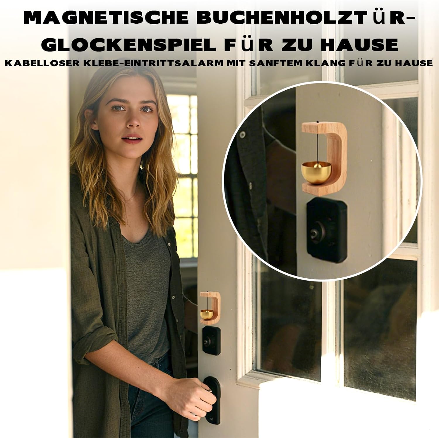2 Pack Magnetic Wooden Doorbell Wind Chime with Brass Bells Magnetic Attachment for Home/Office/Shop/Pet Doors, Soft Resonant Alarm Sounds, Doorbell for Opening Doors