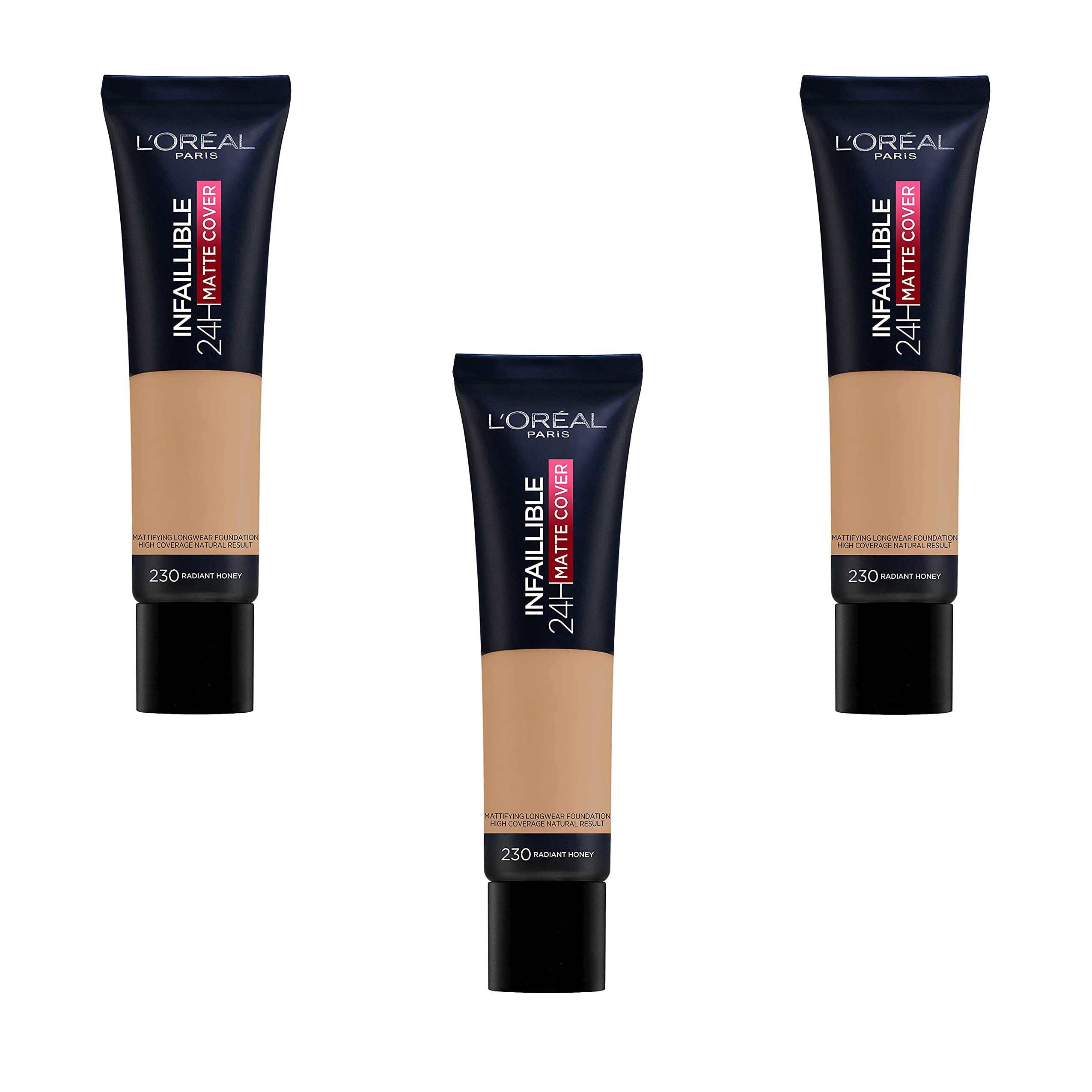 L'Oréal Paris Infaillible 24H Mat Cover Fond de Teint Matifiant - 230 Miel Éclat, lot de 3 (3 x 30 ml)