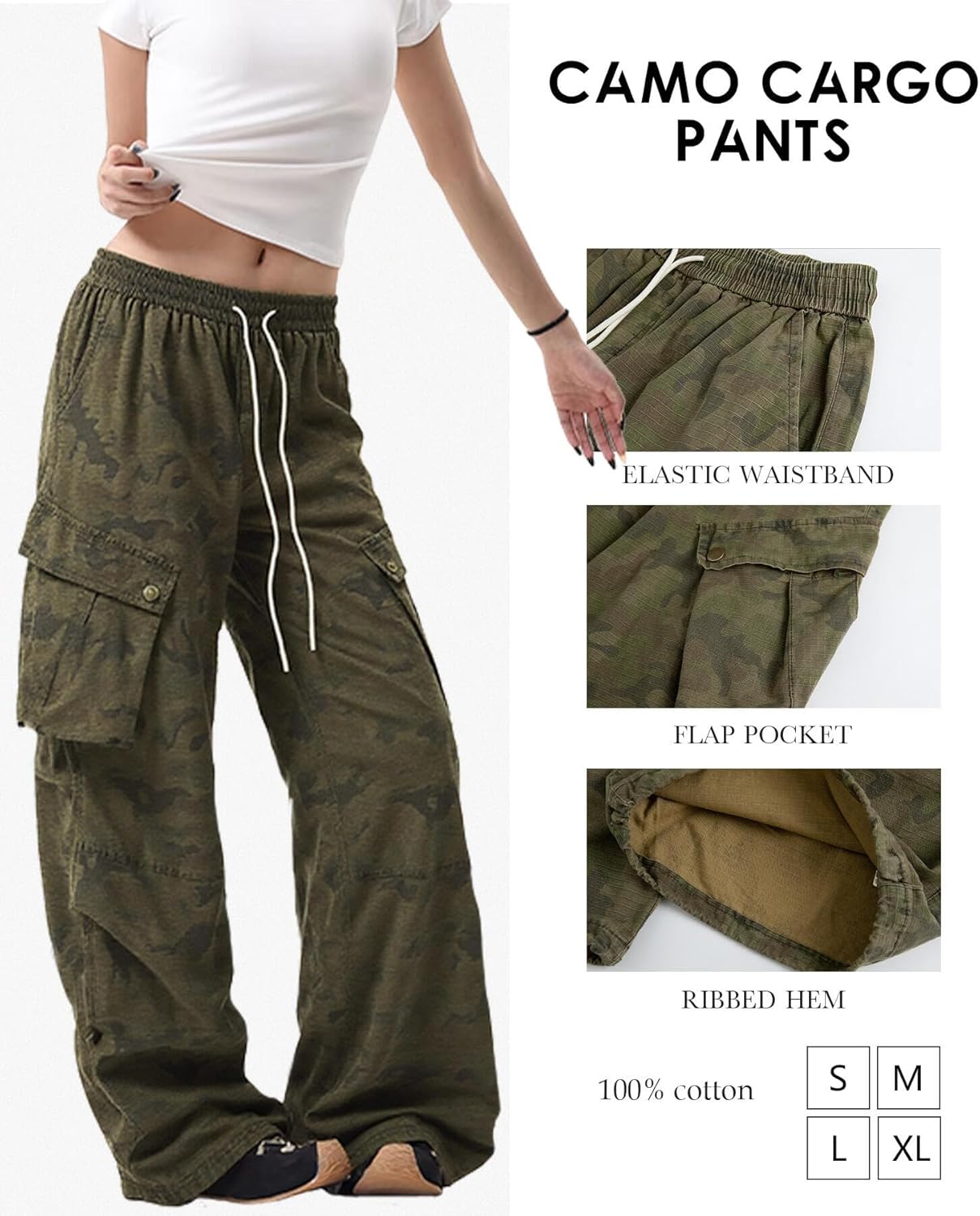 Bakyarder Women's Y2K Camo Wide Leg Cargo Pants Baggy Streetwear Long Trousers with Utility Flap Pockets - Image 5