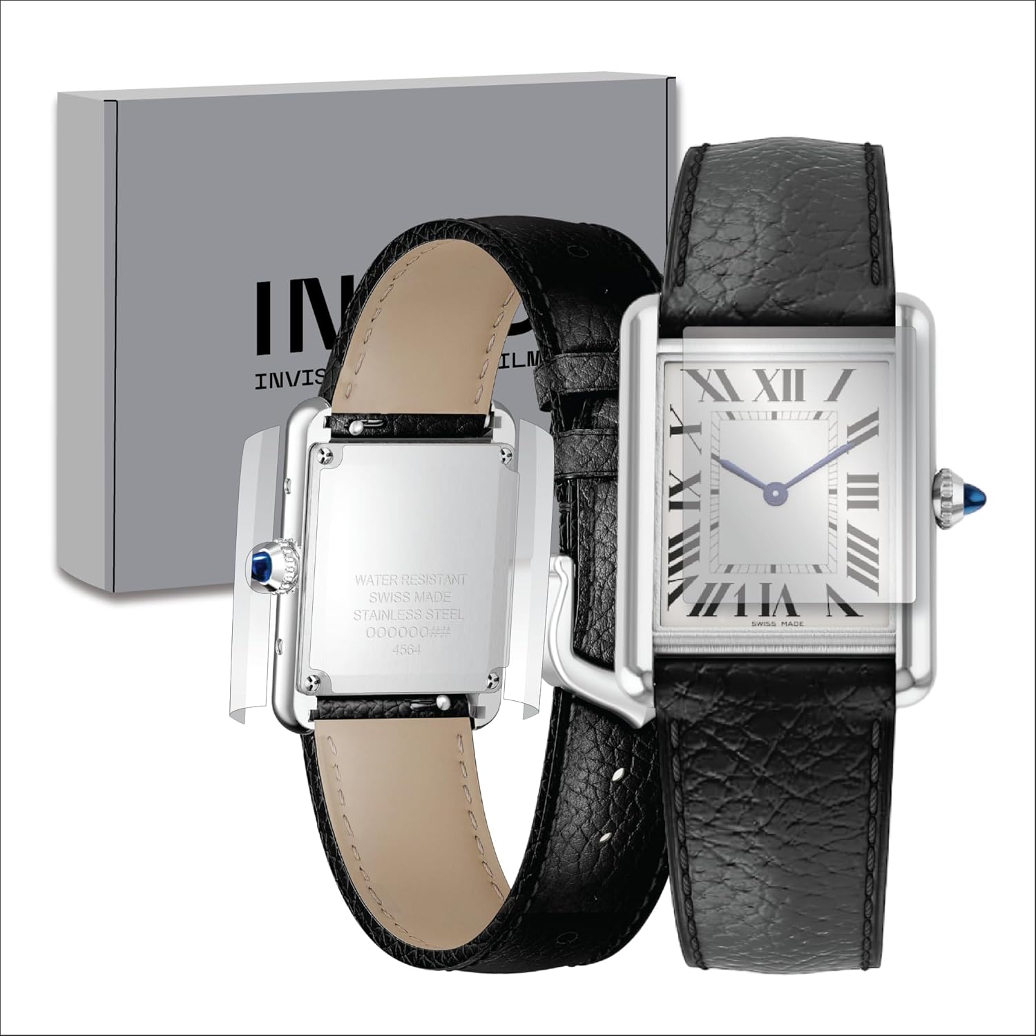 INCO Protective Film for Cartier Tank Must on Leather Strap, Ref. WSTA0109, Case size 33.7 x 25.5 x 6.6 mm, 2 Packs, Shine and Invisible Finish, Anti-Scratch.