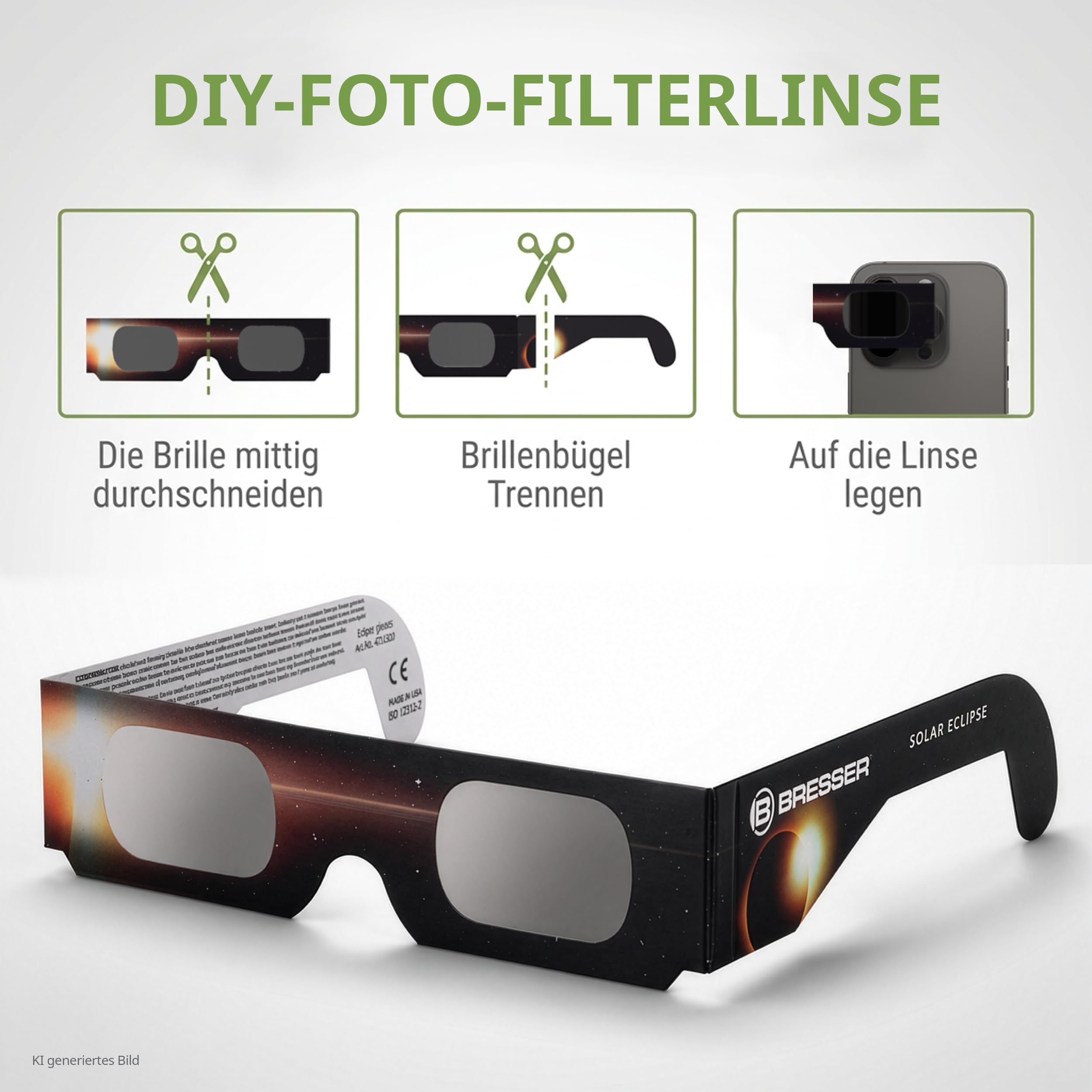 Bresser Sonnenfinsternis Brille CE-zertifiziert ISO 12312-2 50 Stück | Absolut sicher, bereit für die Sonnenfinsternis 2026, 2027, 2028, hellgelbes Sonnenbild, UV und IR Schutz, Made in USA