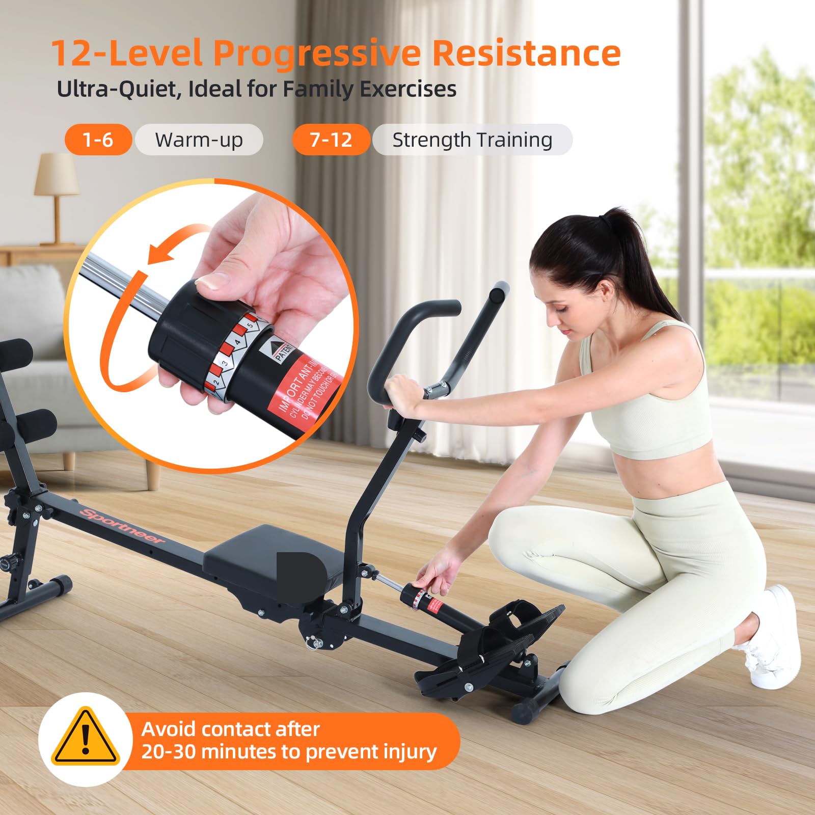 Rudergerät für Zuhause, Sportneer Hydraulisches Rudergerät klappbar mit 12 Widerstandsstufen, Fitnessgerät für Zuhause, Bauchtrainer mit U-Griff & Rückenlehne, bis zu 135 kg belastbar