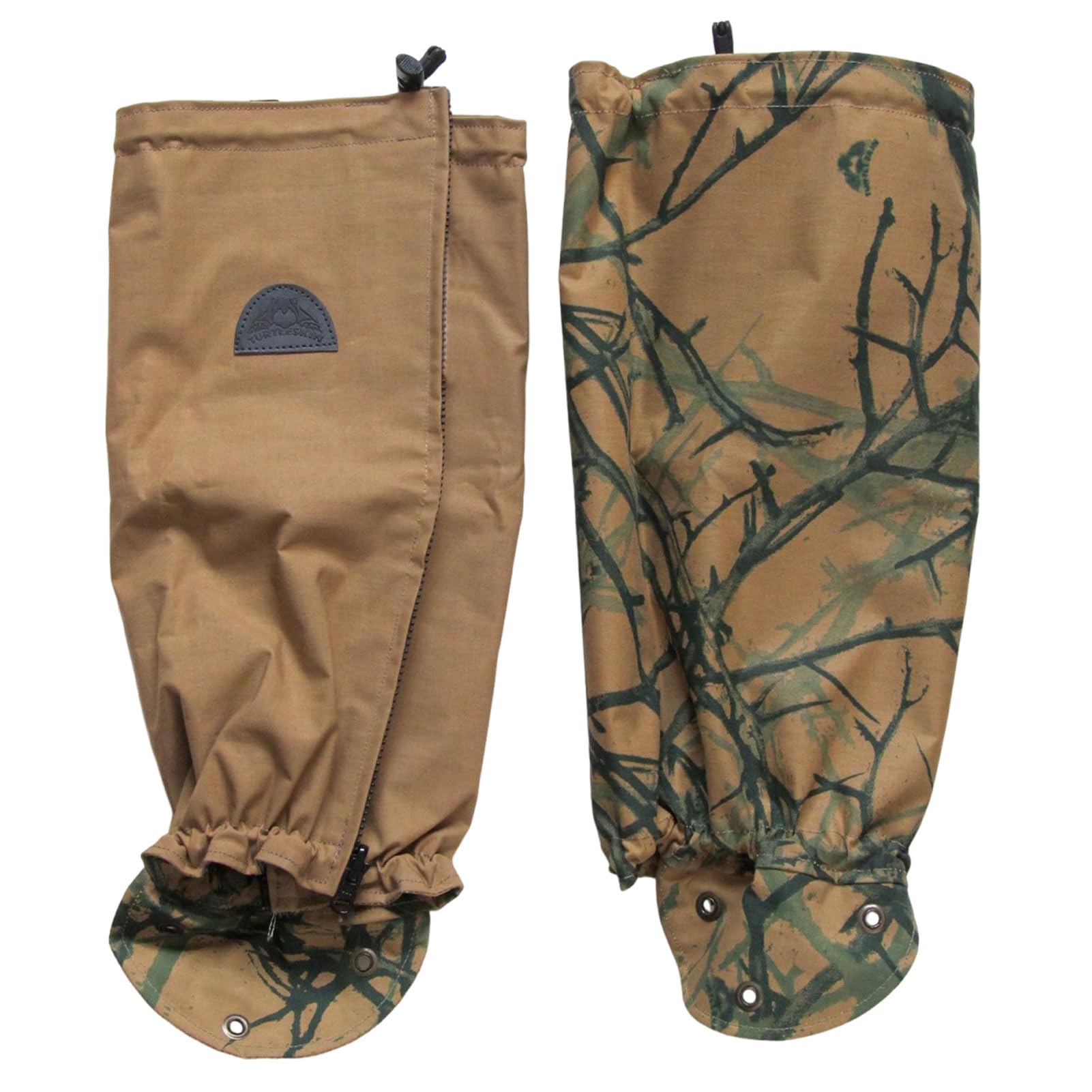 Both faces of the TurtleSkin SnakeArmor Camo/Khaki gaiter, showing the camo side and the khaki side of the same reversible pair