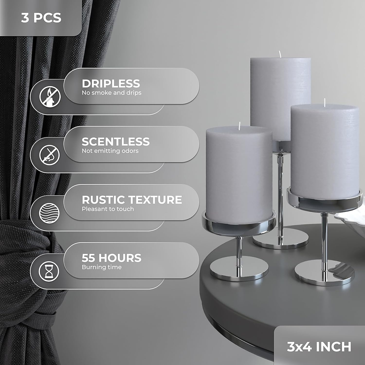 CANDWAX 3x4 inch Pillar Candles Set of 3 – Unscented Dripless Rustic Light Gray Candles for Decor, Centerpieces, Weddings - Image 4