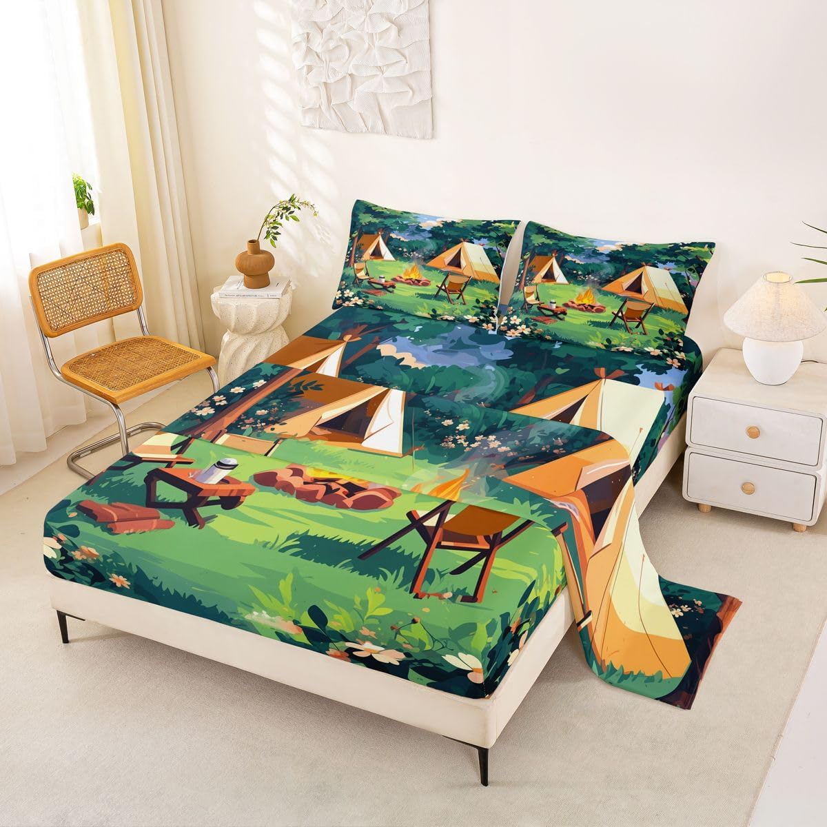 jejeloiu Camper Bed Sheets Set Full Size Happy Camping Bed Set for Kids Boys Girls RV Camping Deep Pocket Fitted Sheet Camper Accessories Breathable Soft Lightweight Microfiber