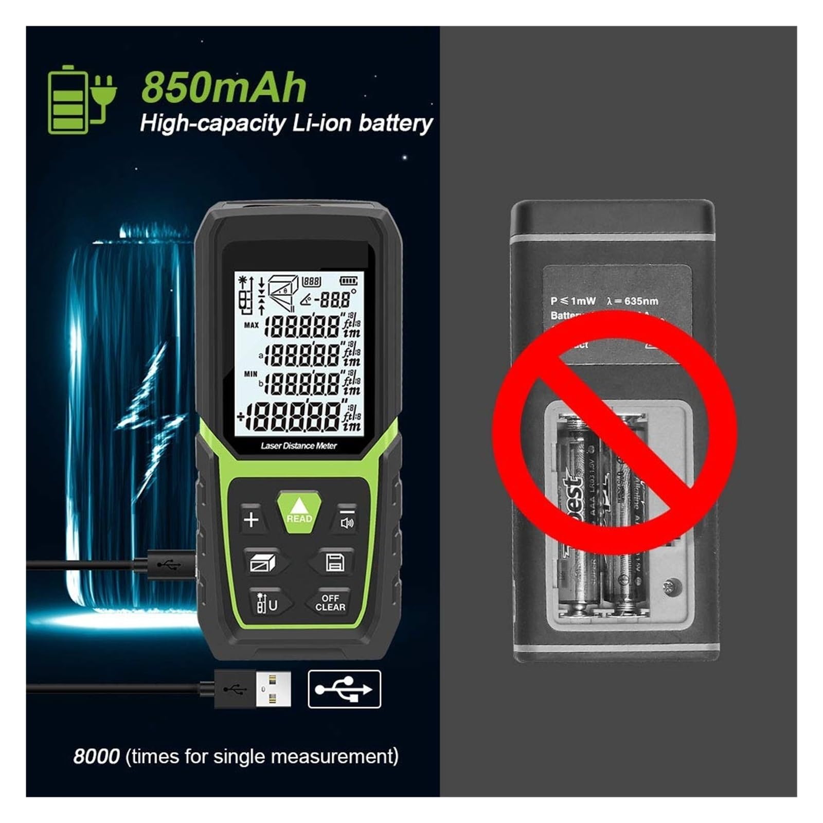 Medidor De Distancia Telémetro 330 Pies/100 M LCD Retroiluminado Medida M/In/pies Con Batería De Iones De Litio Y Sensor De Ángulo Eléctrico(50m)