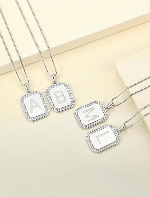 YL Initial Necklace for Women 925 Sterling Silver Rectangle Letter Pendant Halo A-Z Alphabet Jewelry