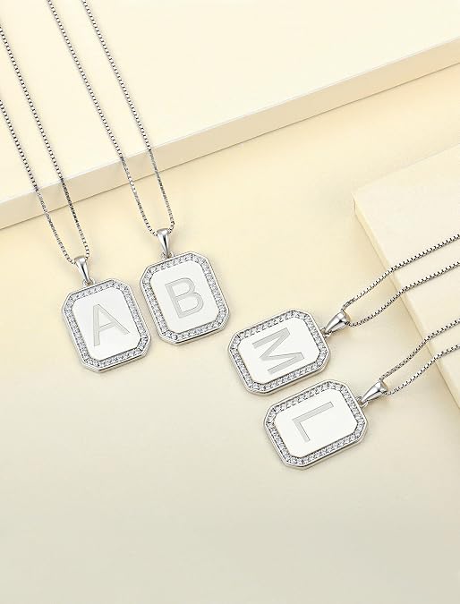 YL Initial Necklace for Women 925 Sterling Silver Rectangle Letter Pendant Halo A-Z Alphabet Jewelry