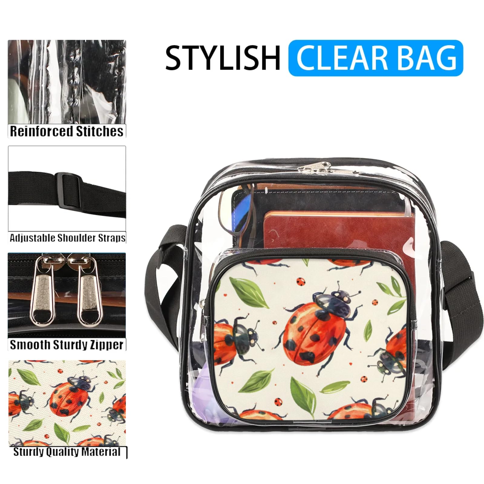 Clear Crossbody Bag Stadium Approved Mystical Ladybugs Transparent Bag for Festivals, Sports Events, Concerts,Beach Bag for Women Men Clear Purse with Front Pocket Messenger Bag with Adjustable Strap