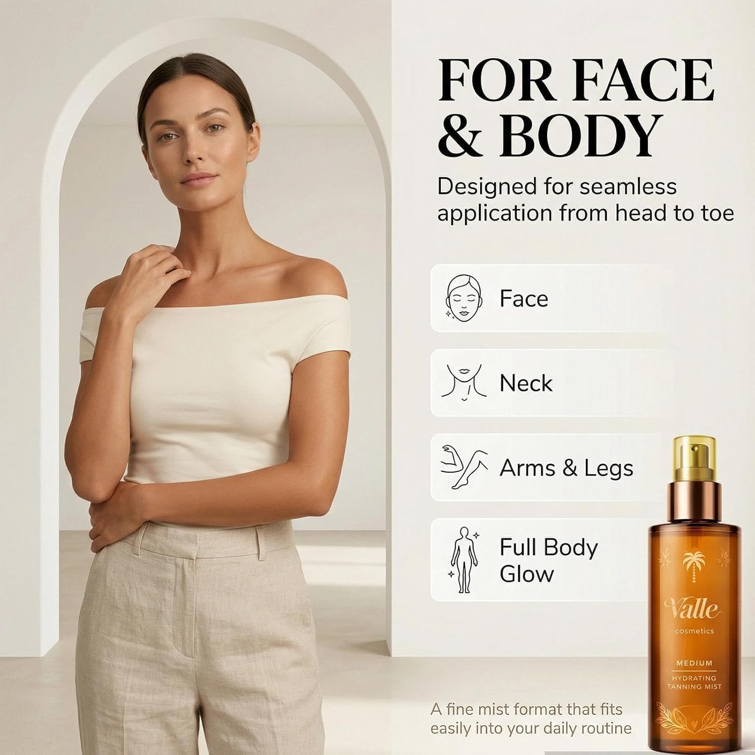 Valle Tanning Mist for Face and Body, Buildable Sun-Kissed Bronze, Fast-Drying Fine Mist, Streak-Free Looking Finish, Light Cucumber Scent, with Kakadu Plum Extract(1pc)