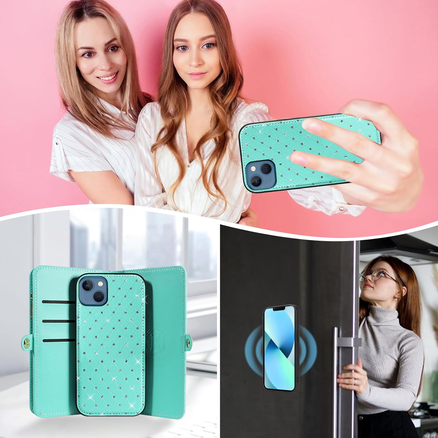Asuwish Phone Case for iPhone 13 Mini 5.4 inch Zipper Wallet Cell Cover with Screen Protector Crossbody Strap Glitter Flip Card Holder Slot iPhone13mini i-Phone 13minicase i iPhone13 13mini Women Teal