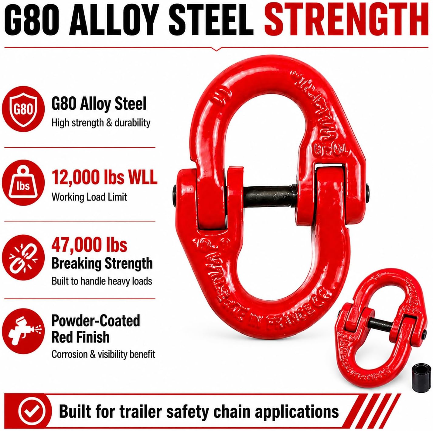 Safety Chain Connector Link, 2 Pack 1/2 Inch Tow Hitch Hammerlock Coupling Link, Grade 80 G80 Alloy Steel Trailer Hitch Accessory, 12,000 lbs Load Limit, Red