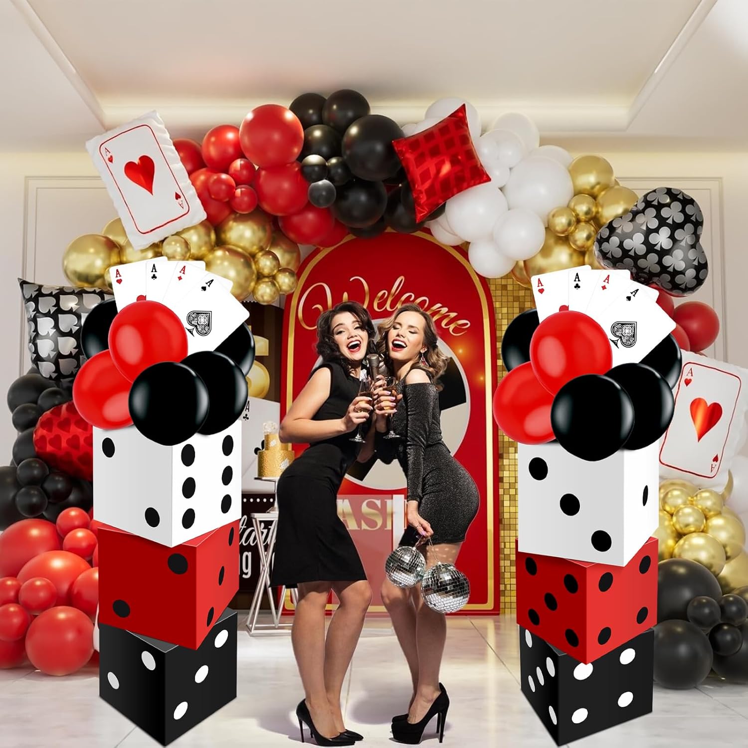 Casino Theme Party Decorations, HYMENEX Game Night Decorations Include 6pcs 11in Large Casino Dice Boxes 12pcs Jumbo Poker Cards 36 Pcs Balloons for Game Las Vegas Themed Night Birthday Party Supplies
