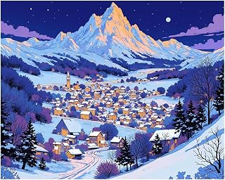 EnLvYY Snowy Mountain Village at Night with Starry Sky, Winter Landscape, 16x20 Inch DIY Acrylic Painting Kit, Unframed Canvas Art for Beginners, Gift for Winter and Nature Lovers