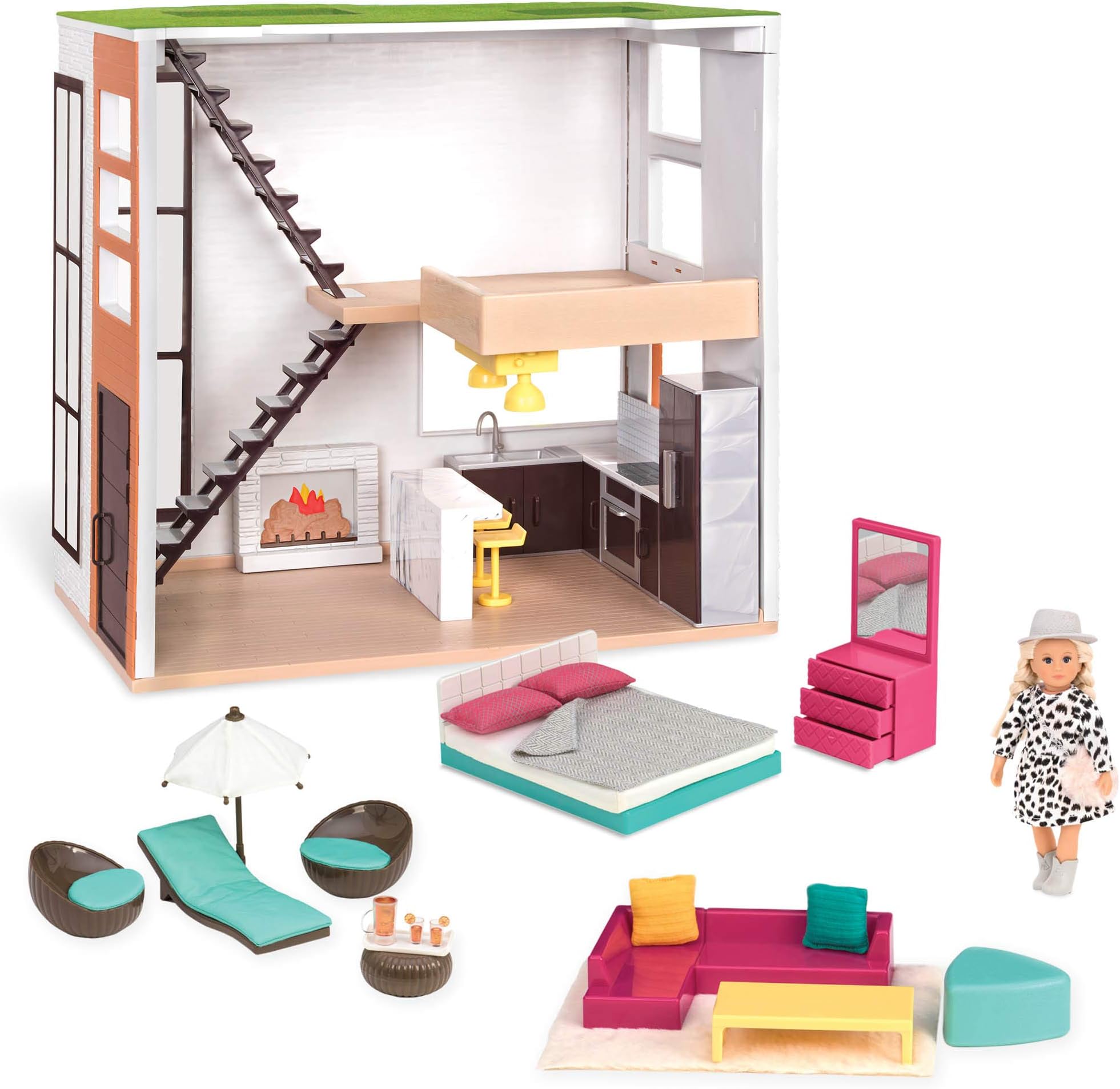 Lori Dolls โ Doll House & Accessories for Mini Dolls โ Trendy Playset with Doll & 3 Furniture Kits โ Living Room, Kitchen, Bedroom, Outdoor Patio Loft โ 3 Years +
