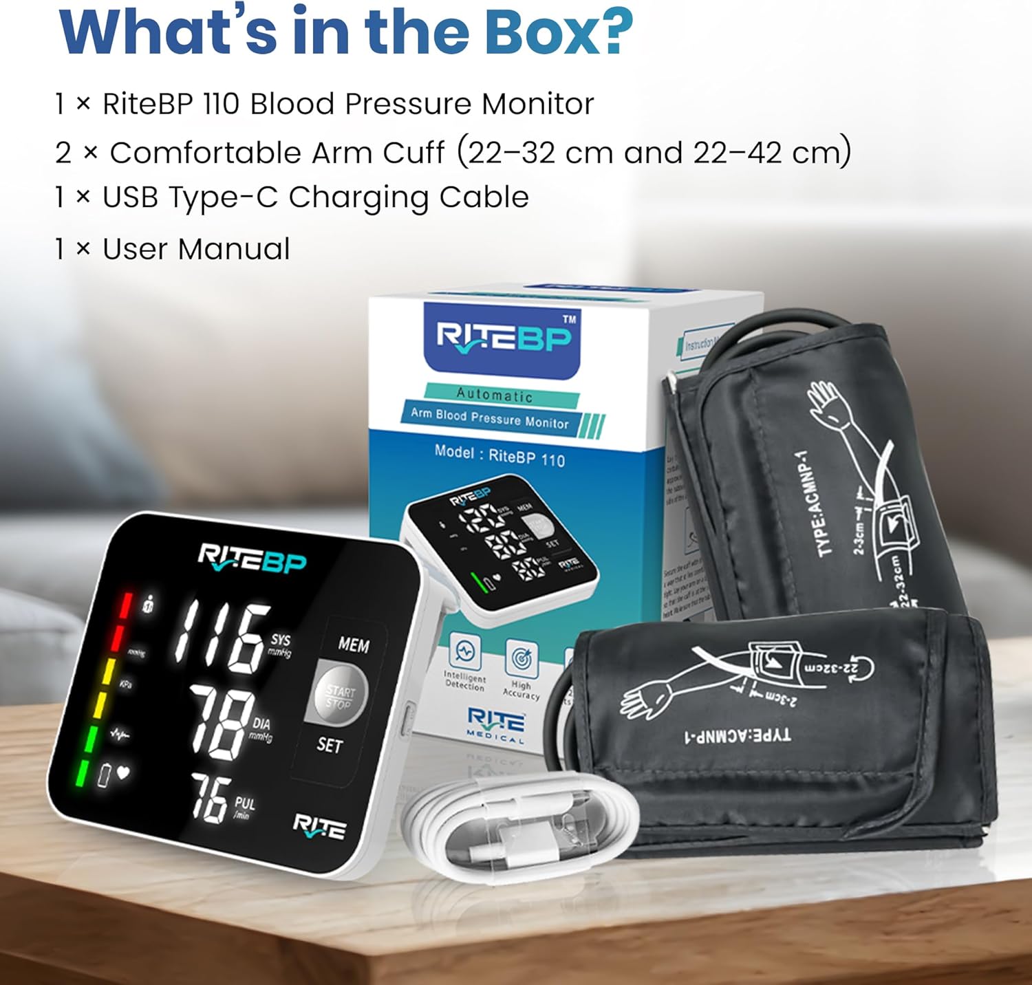 Digital Blood Pressure Monitor with 2 Large Arm Cuffs (22–42 cm) | Accurate & Easy-to-Use, USB Type-C Rechargeable, Automatic Upper Arm BP Machine for Home Use