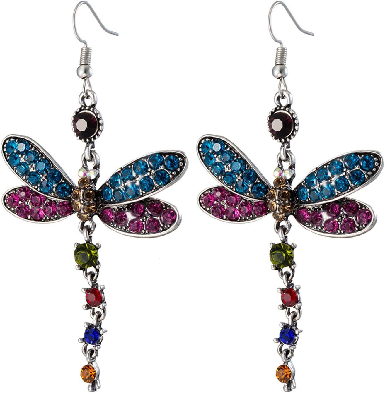 Vintage Retro Dragonfly Crystal Beads Dangle Drop Statement Earrings for Women Mother Lover Gift Exaggerated Rhinestone Animal Earring Friendship Jewelry