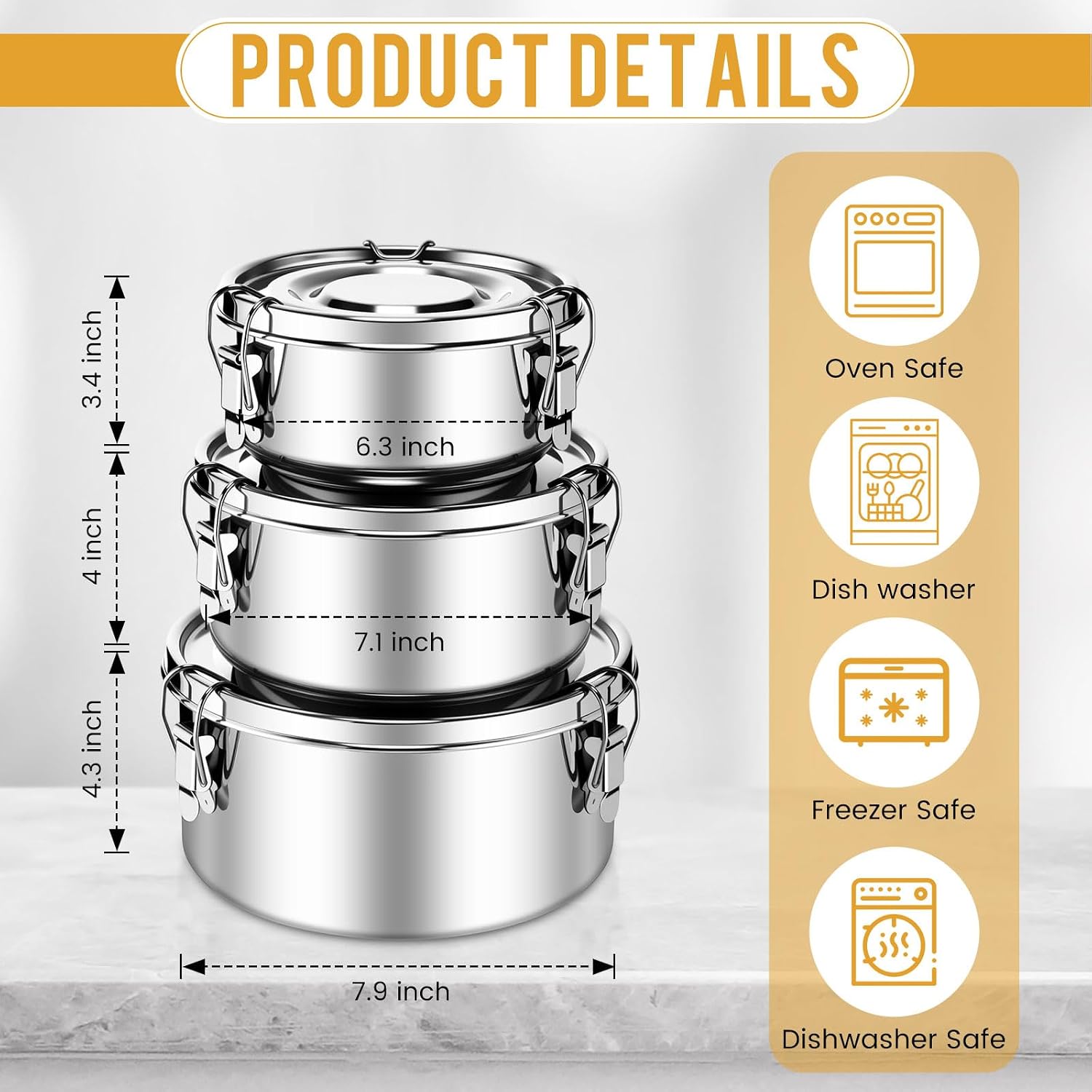 3 Pcs Small Stainless Steel Bento Box, 54, 74, 101 Oz image 2