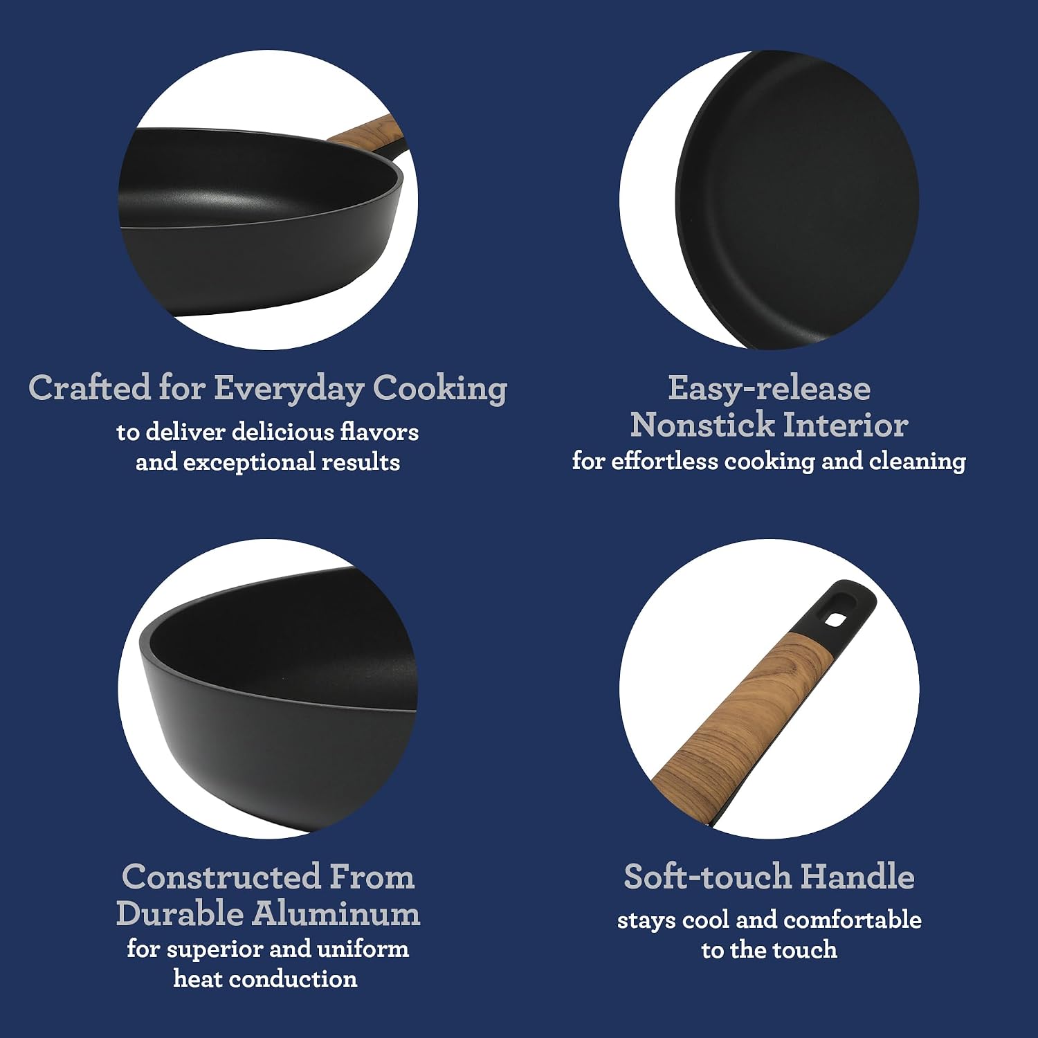 Oster Platinum Oxburg 12 Inch Frying Pan Forged Aluminum PFA Free Non-toxic Premium Ceramic Non Stick Interior Skillet, Kitchen Egg Pan, Omelet Pan - Black w/Wood Handles
