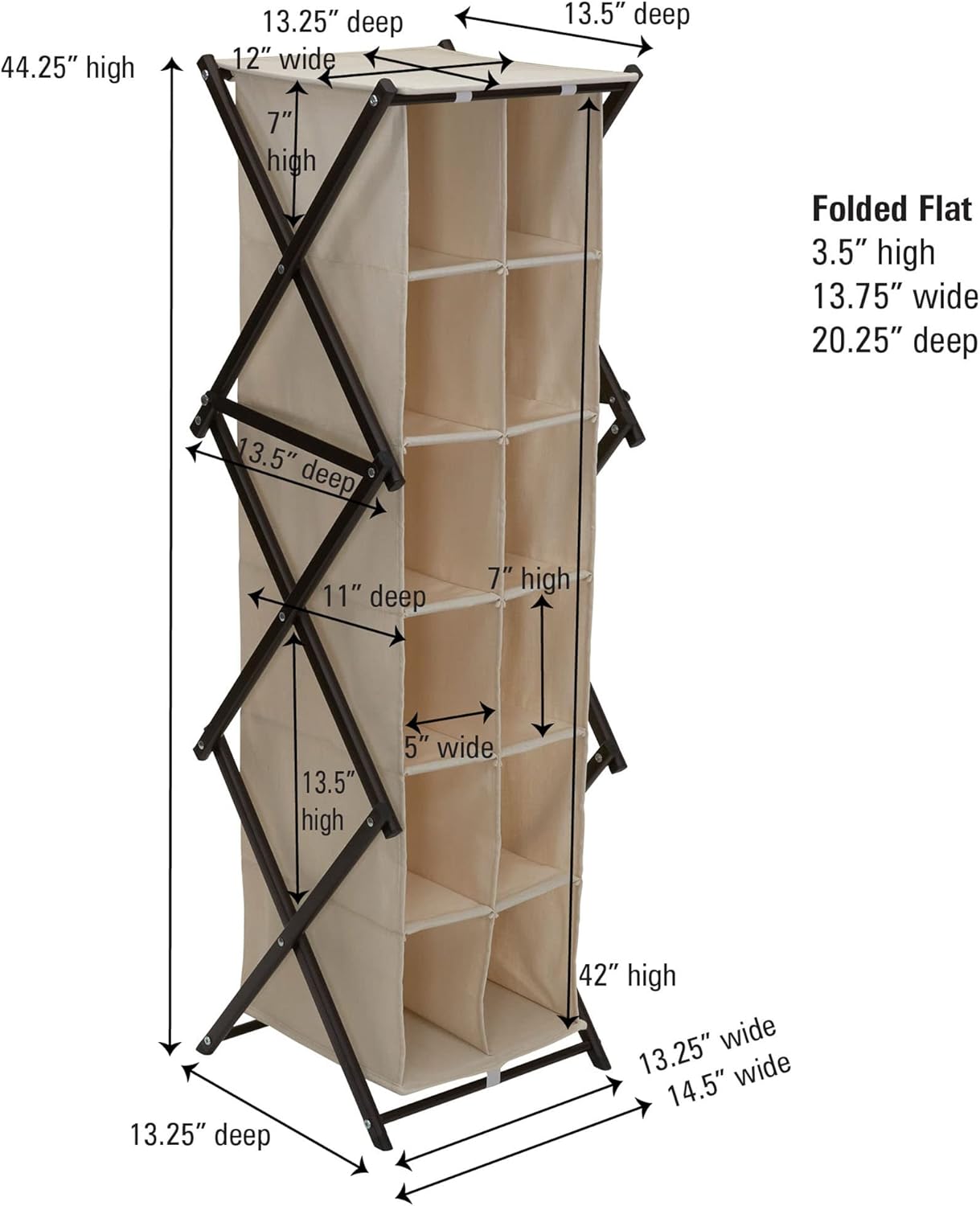 Household Essentials 12 Pocket Shoe Cubby, Sturdy Folding Frame, Poly-Cotton Blend Fabric, Holds 12 Pairs of Shoes, Breathable, Seamless Back, Natural